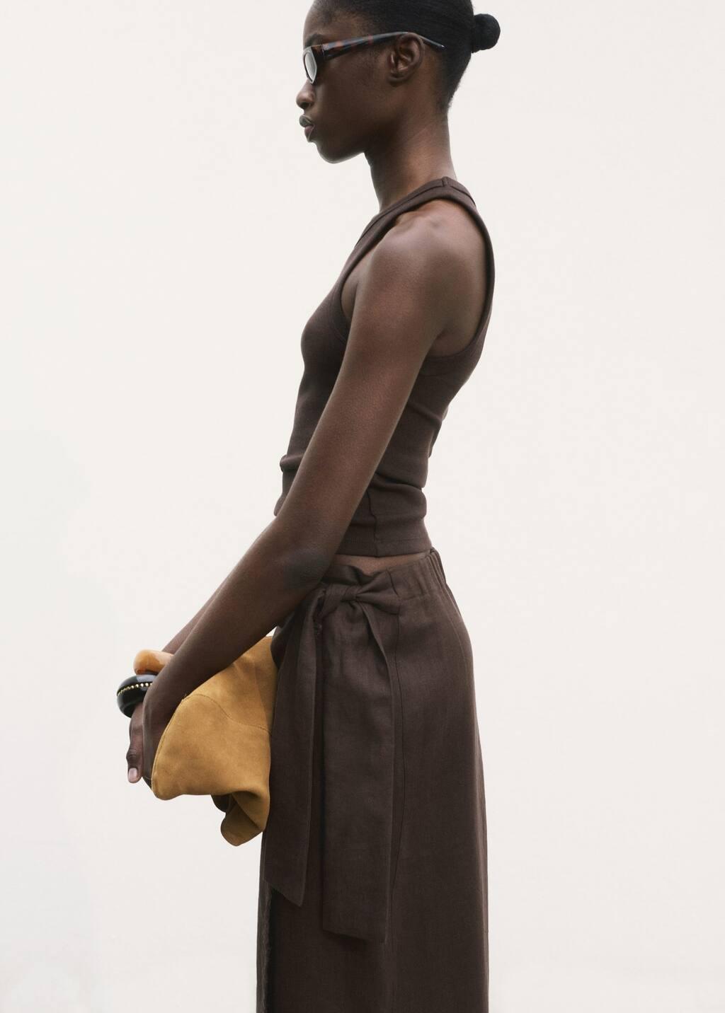 Brown Linen Pareo Skirt, Dark Brown, large image number 3