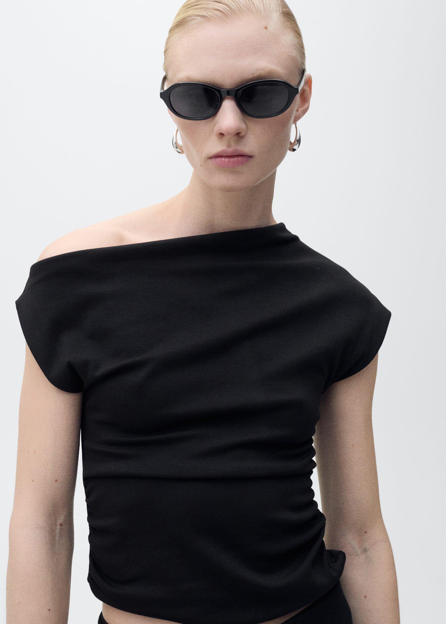 Black Cotton Top With An Asymmetric Neckline, , large image number 3