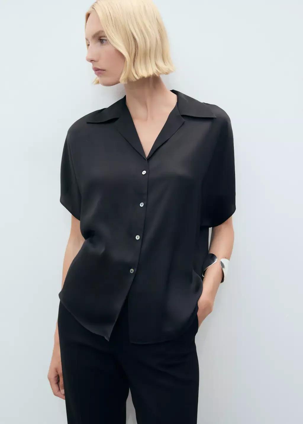 BLACK Short-sleeved satin shirt, , large image number 0