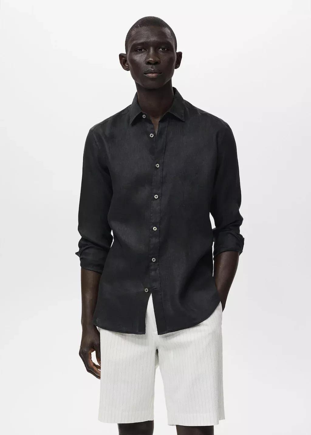 Black Slim Fit Linen Shirt, , large image number 0