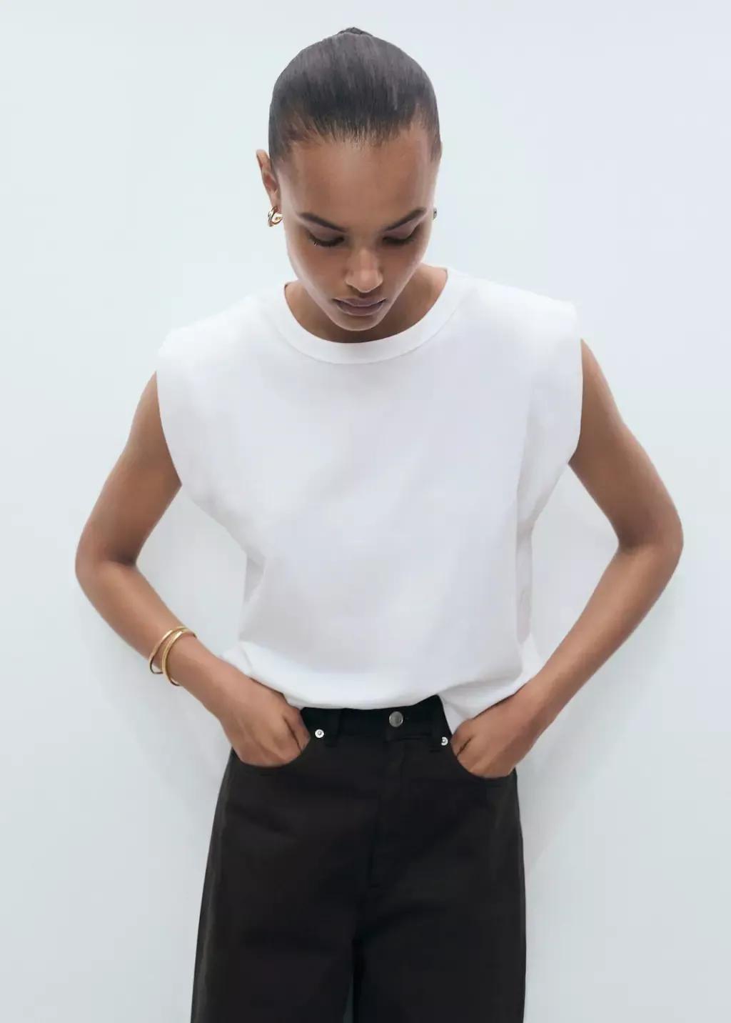 White Short-Sleeved T-Shirt With Shoulder Pads, White, medium