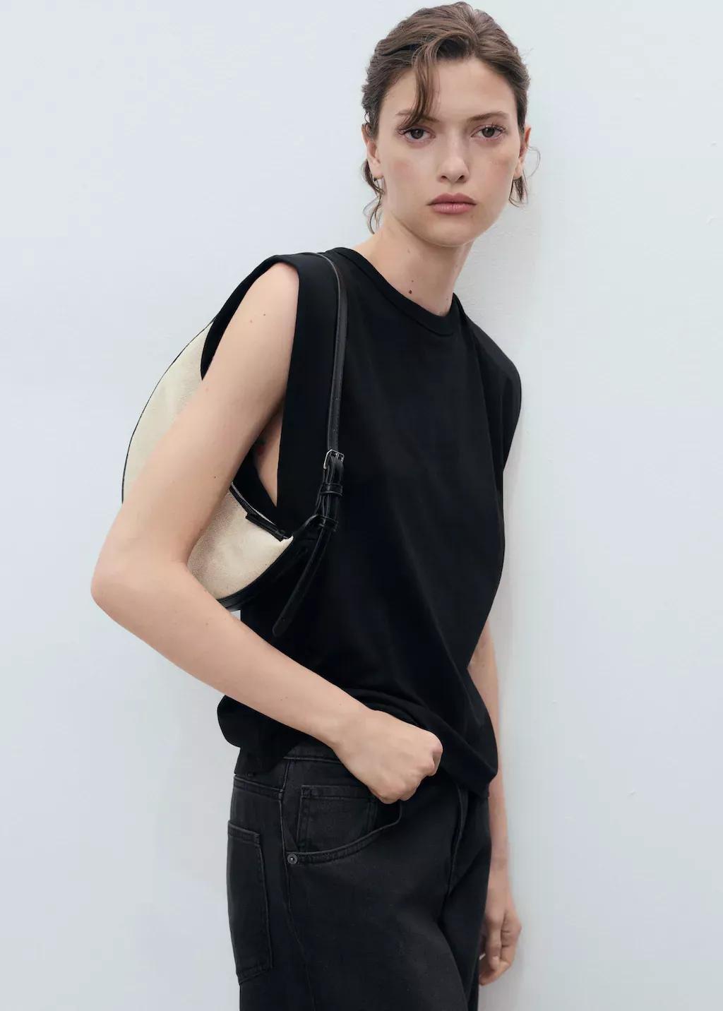Black Short-Sleeved T-Shirt With Shoulder Pads, Black, medium