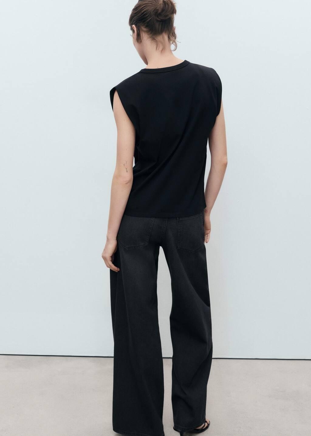 Black Short-Sleeved T-Shirt With Shoulder Pads, Black, large image number 4