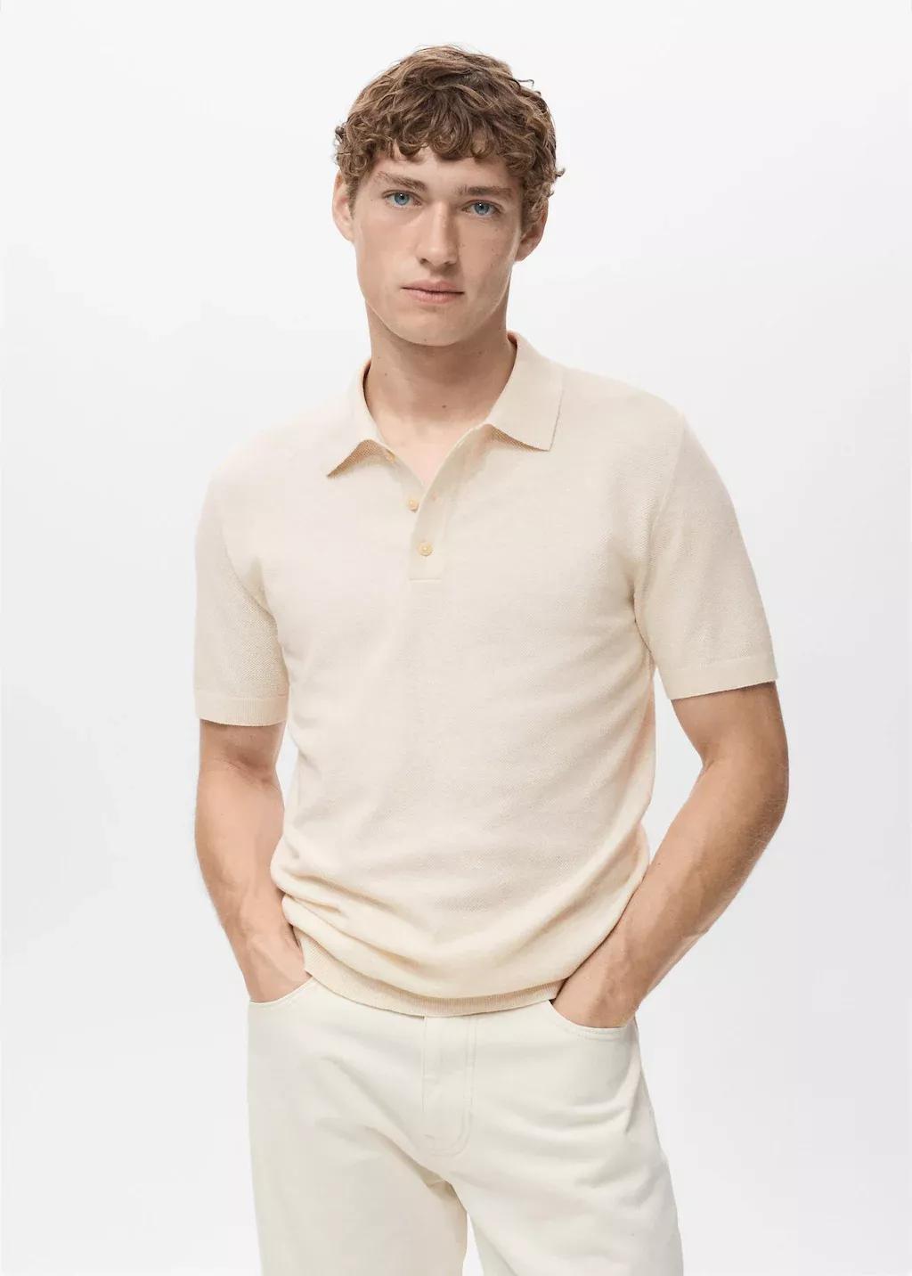 Cream Fine-Knit Cotton Polo Shirt, , large image number 0