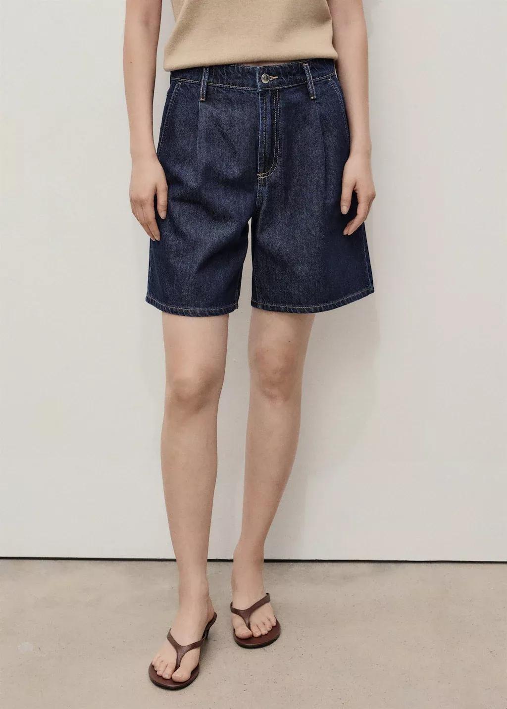Navy Mid-Rise Denim Bermuda Shorts With Pleats, , large image number 0