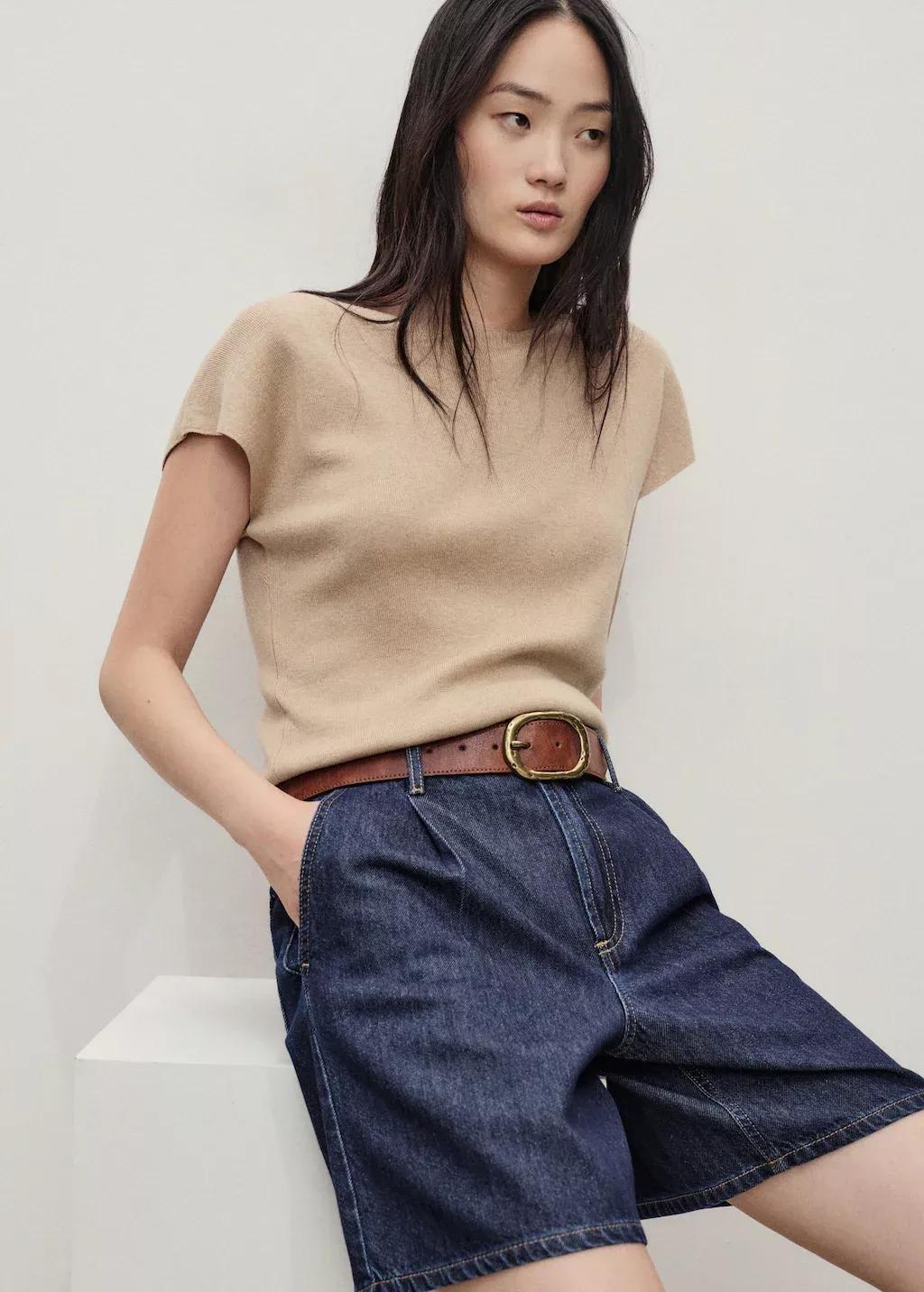 Navy Mid-Rise Denim Bermuda Shorts With Pleats, Open Blue, medium