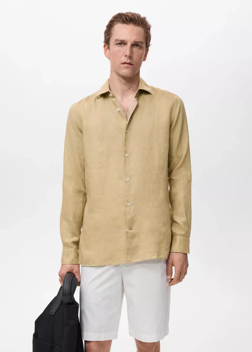 Beige Linen Slim-Fit Shirt, , large image number 0