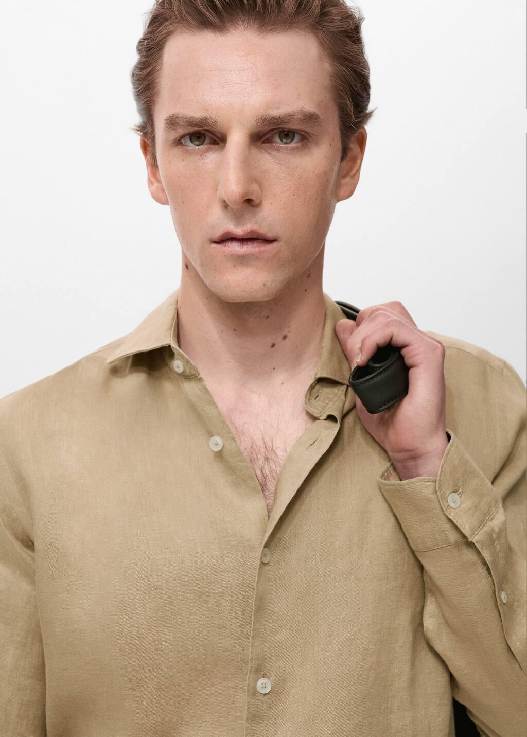 Beige Linen Slim-Fit Shirt, , large image number 1