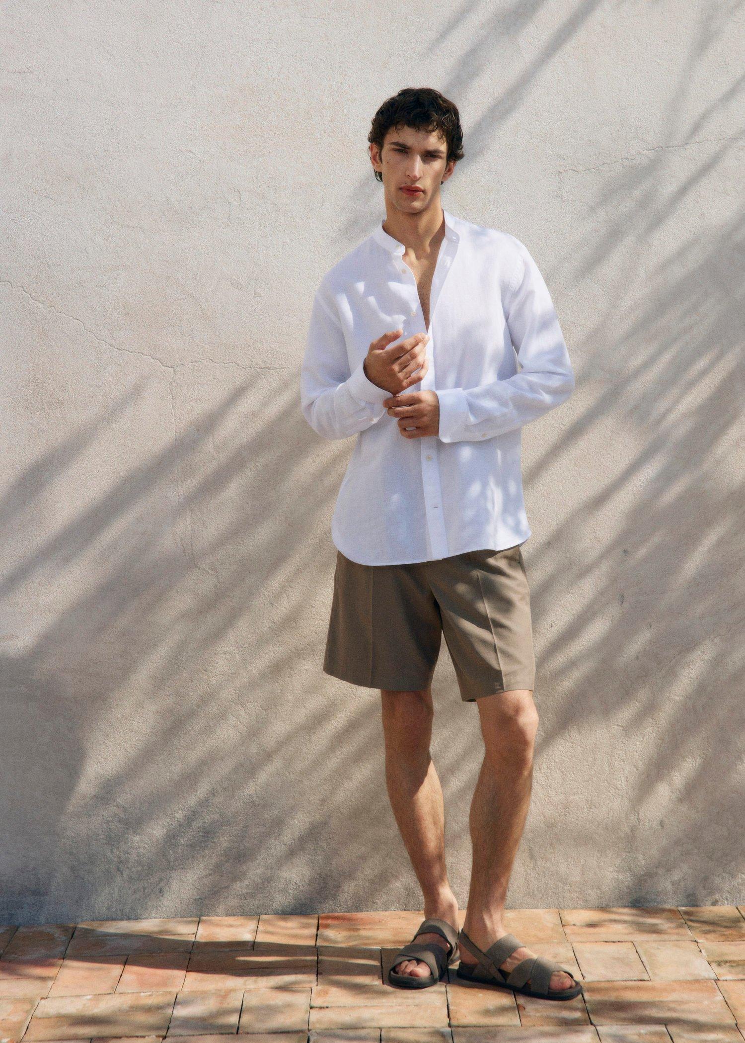 White Mao Collar Linen Shirt, , large image number 0