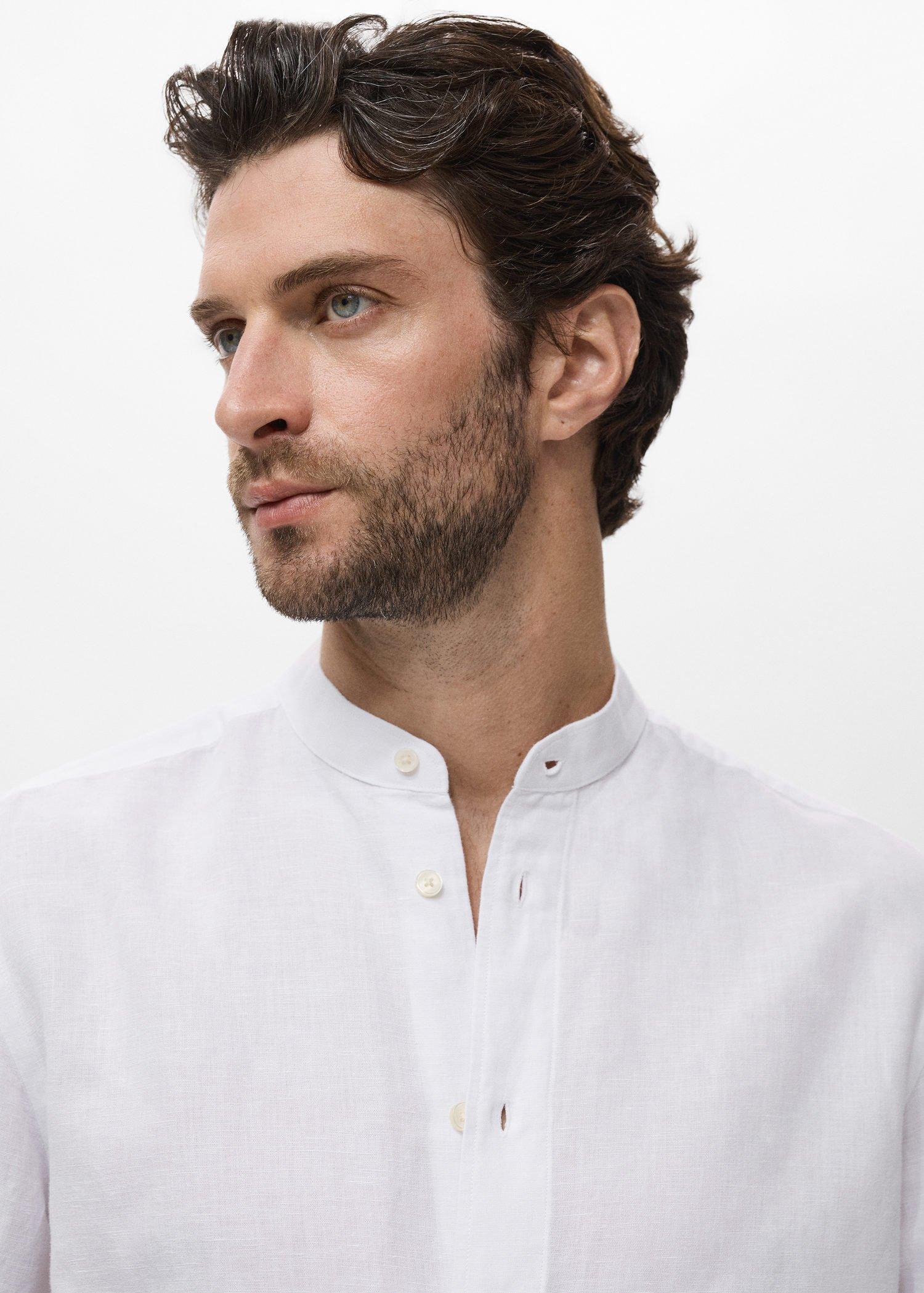 White Mao Collar Linen Shirt, , large image number 2