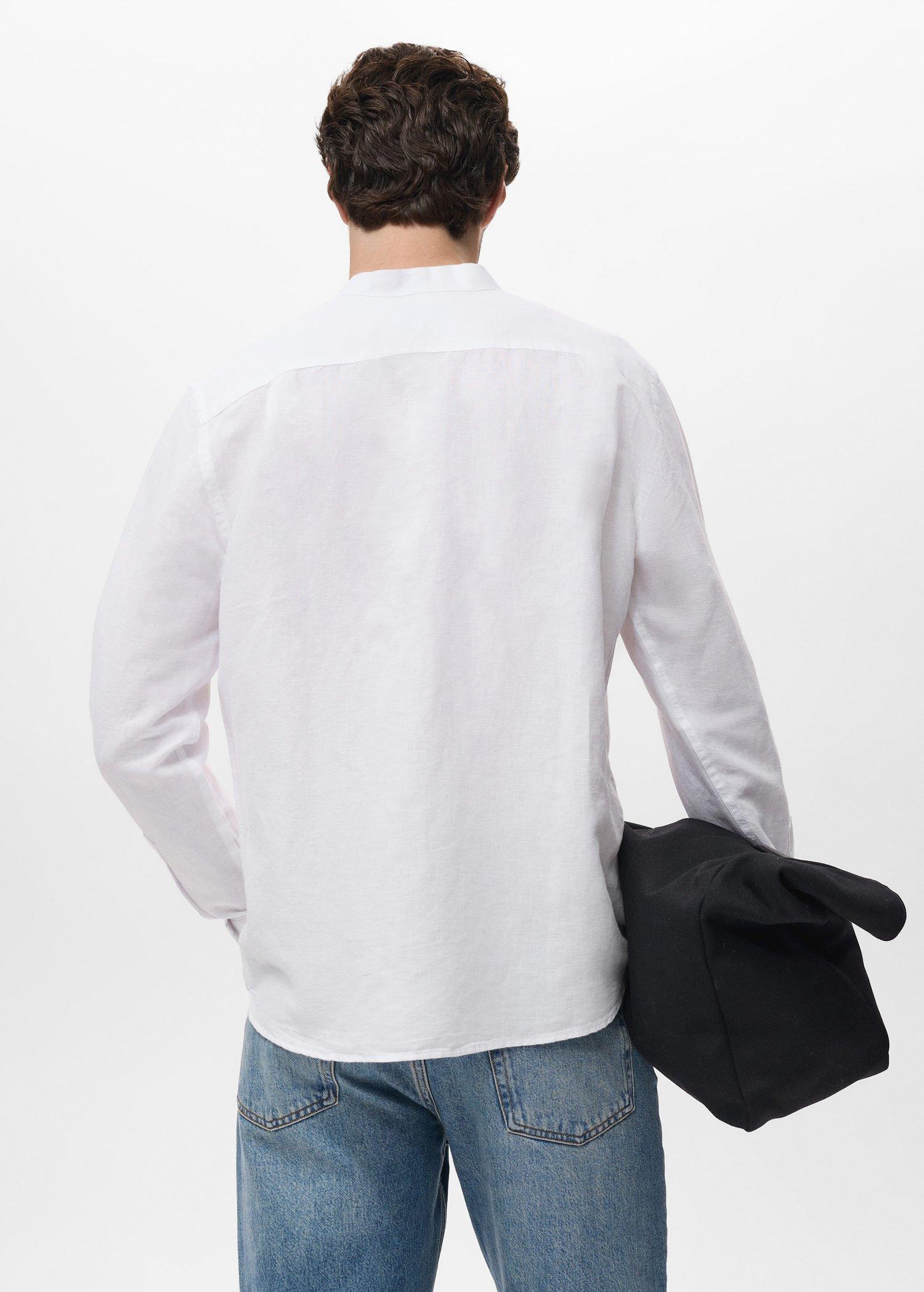White Mao Collar Linen Shirt, , large image number 3