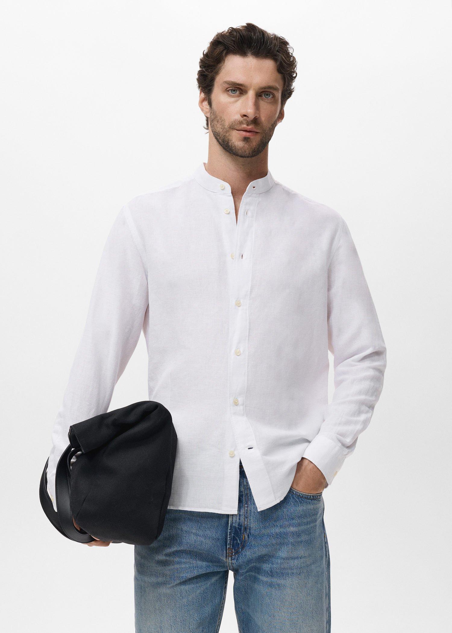White Mao Collar Linen Shirt, , large image number 4