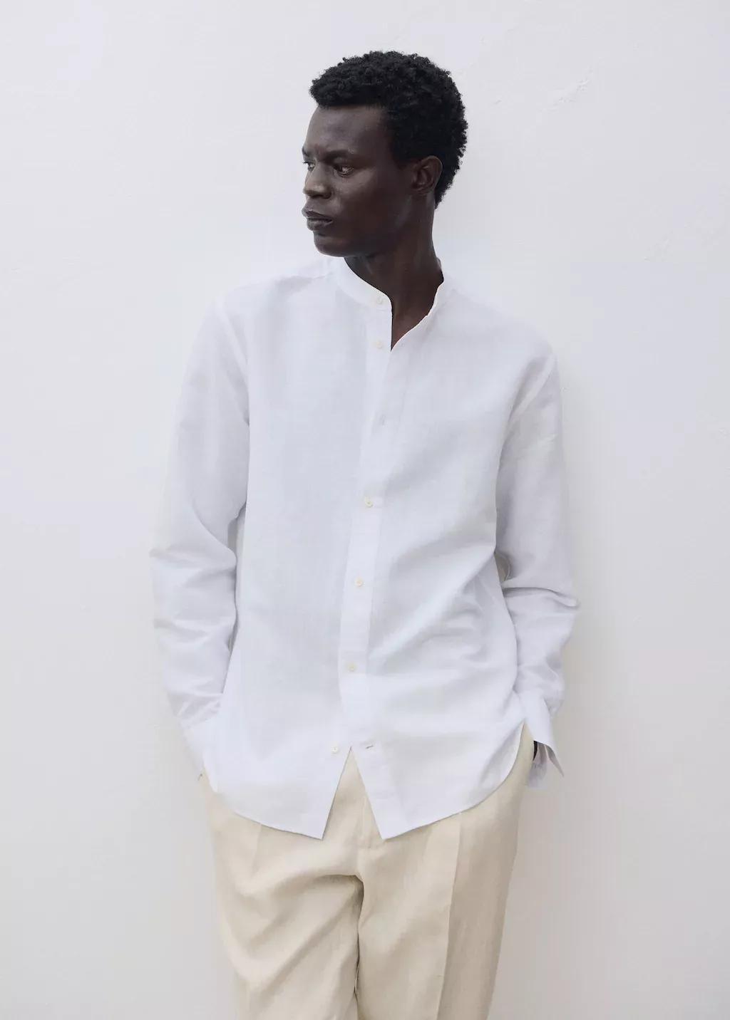 White Mao Collar Linen Shirt, White, large image number 9