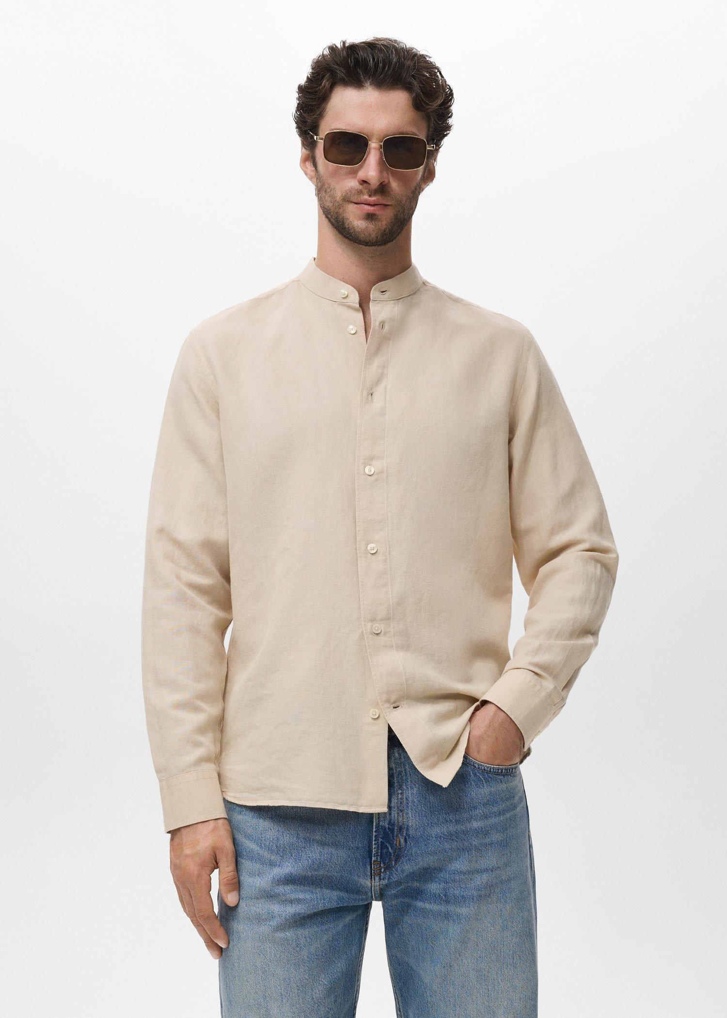 Brown Mao Collar Linen Shirt, , large image number 0