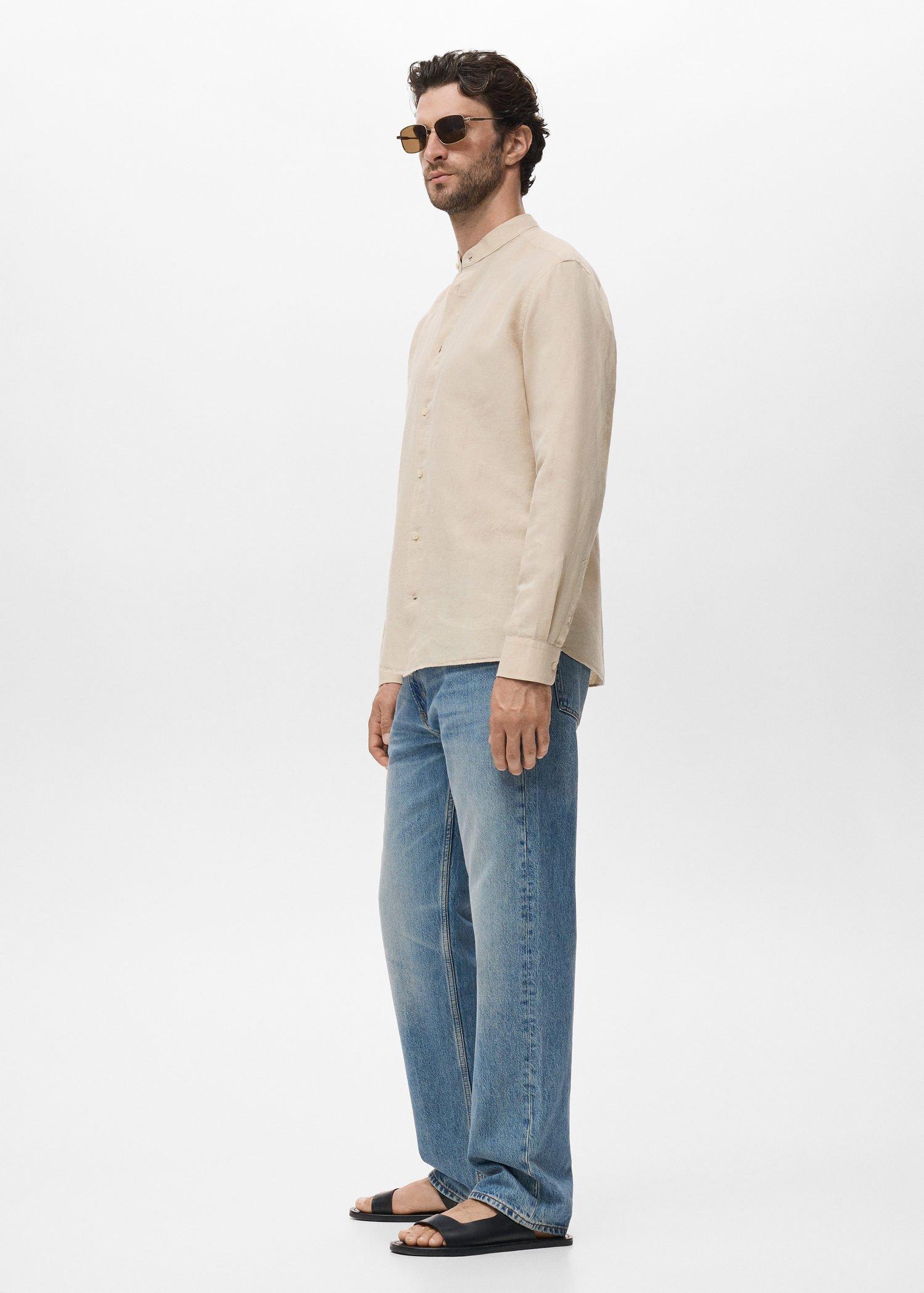 Brown Mao Collar Linen Shirt, , large image number 2