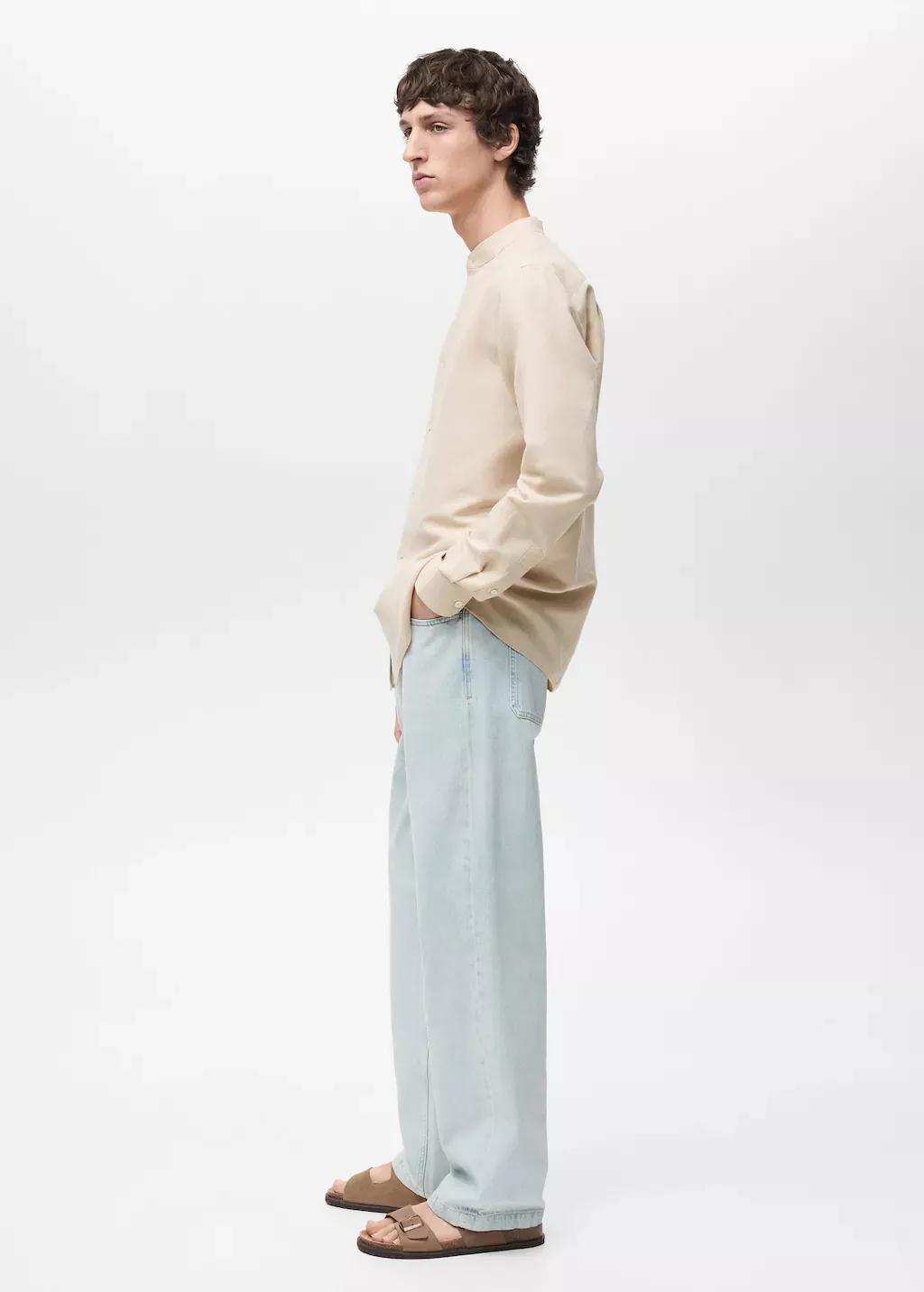 Brown Mao Collar Linen Shirt, Light Pastel Brown, large image number 5