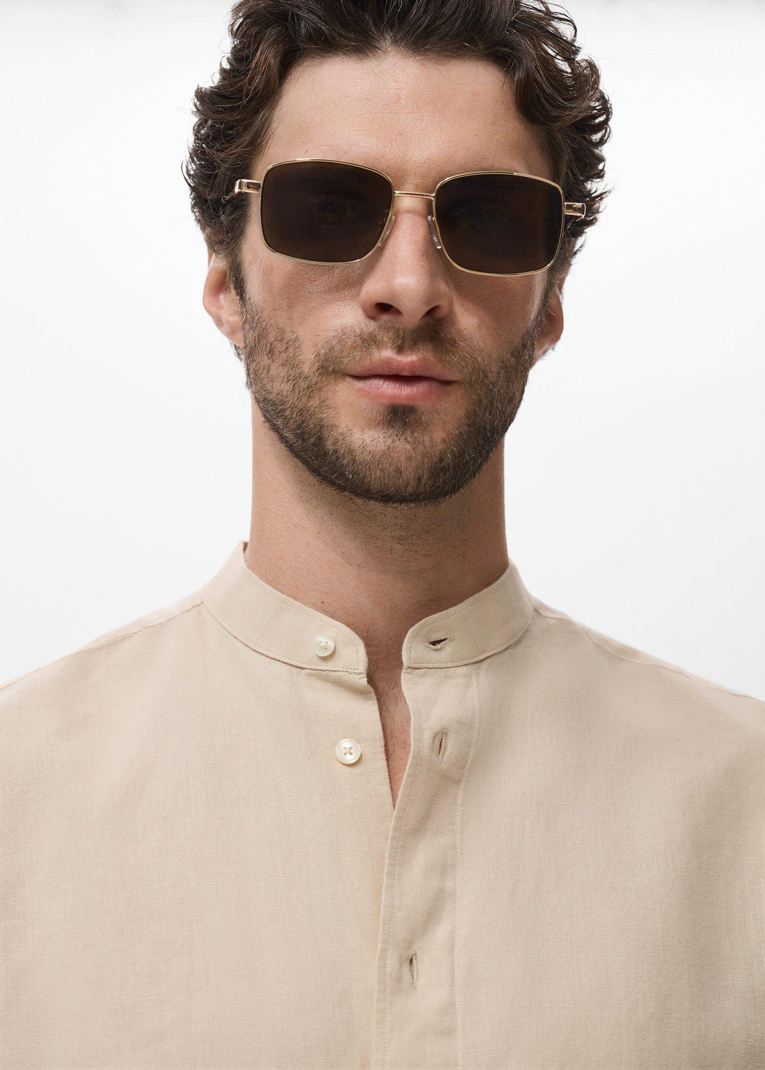 Brown Mao Collar Linen Shirt, Light Pastel Brown, large image number 6