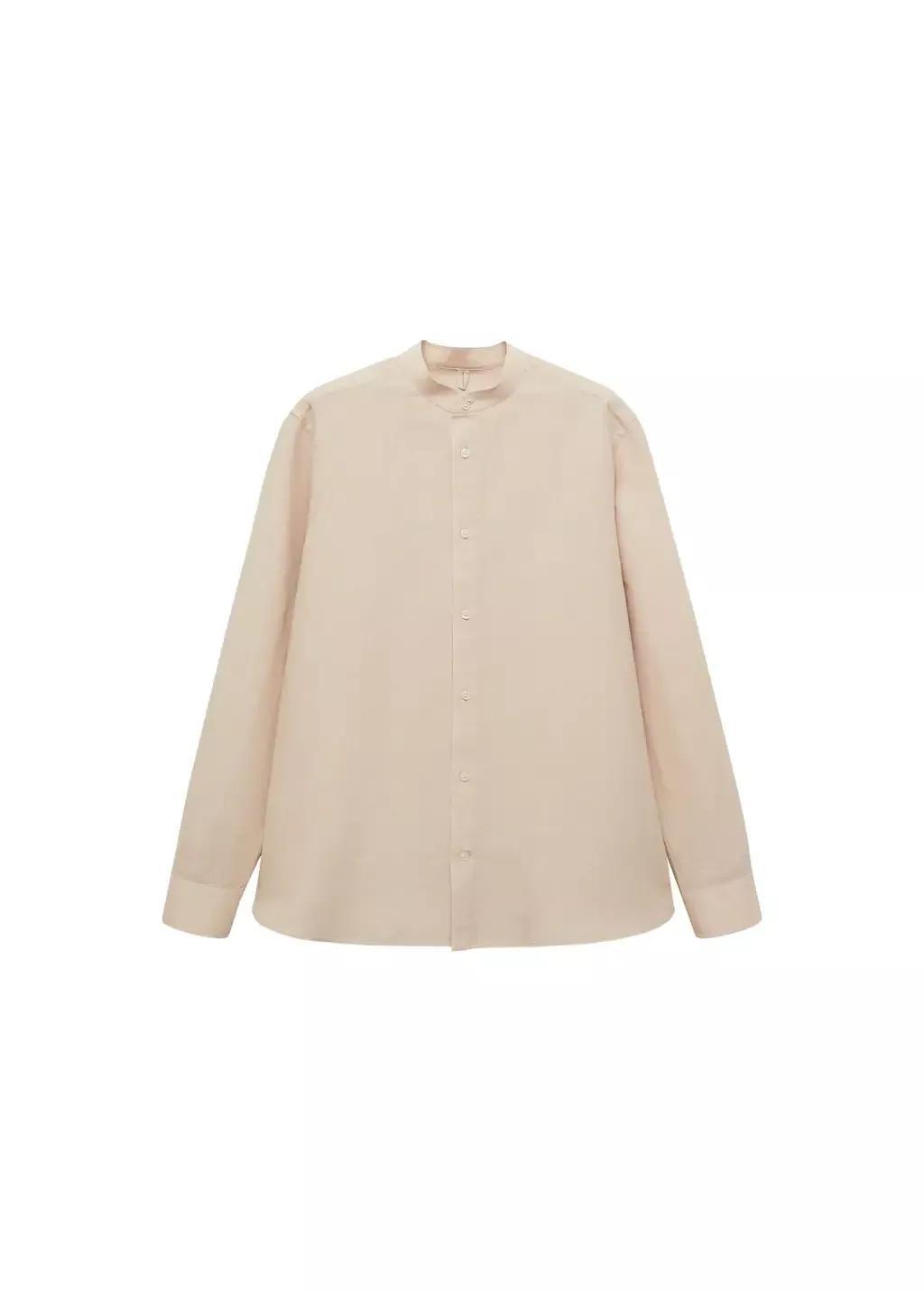 Brown Mao Collar Linen Shirt, Light Pastel Brown, large image number 7