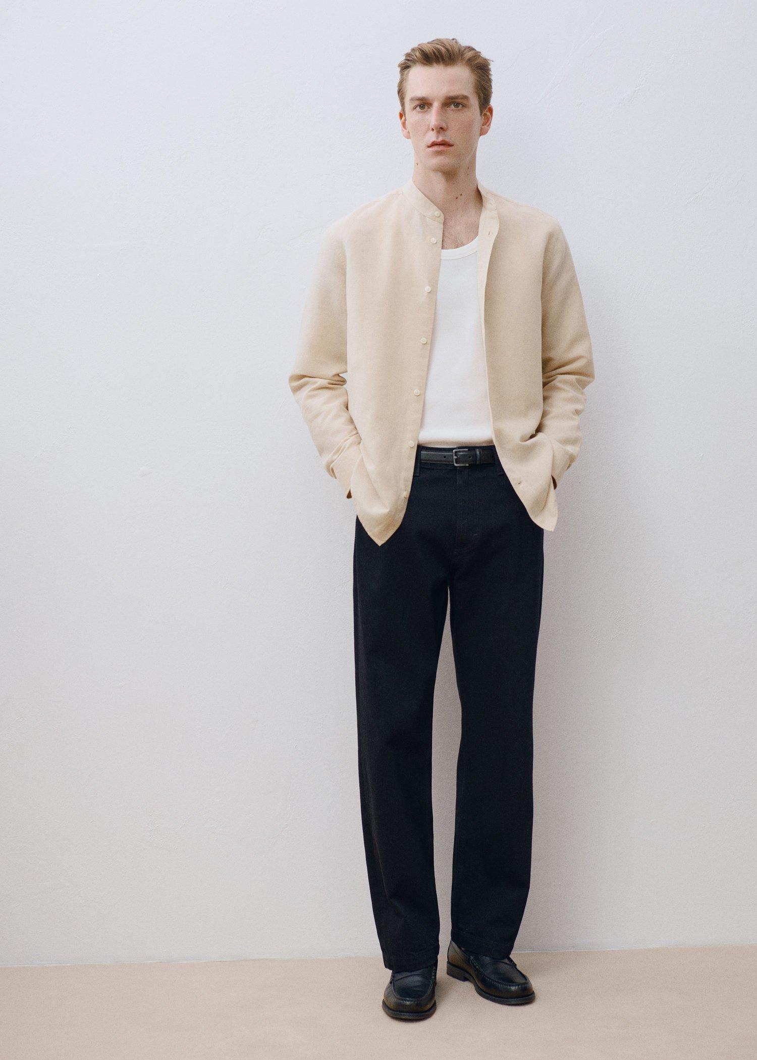 Brown Mao Collar Linen Shirt, Light Pastel Brown, large image number 8