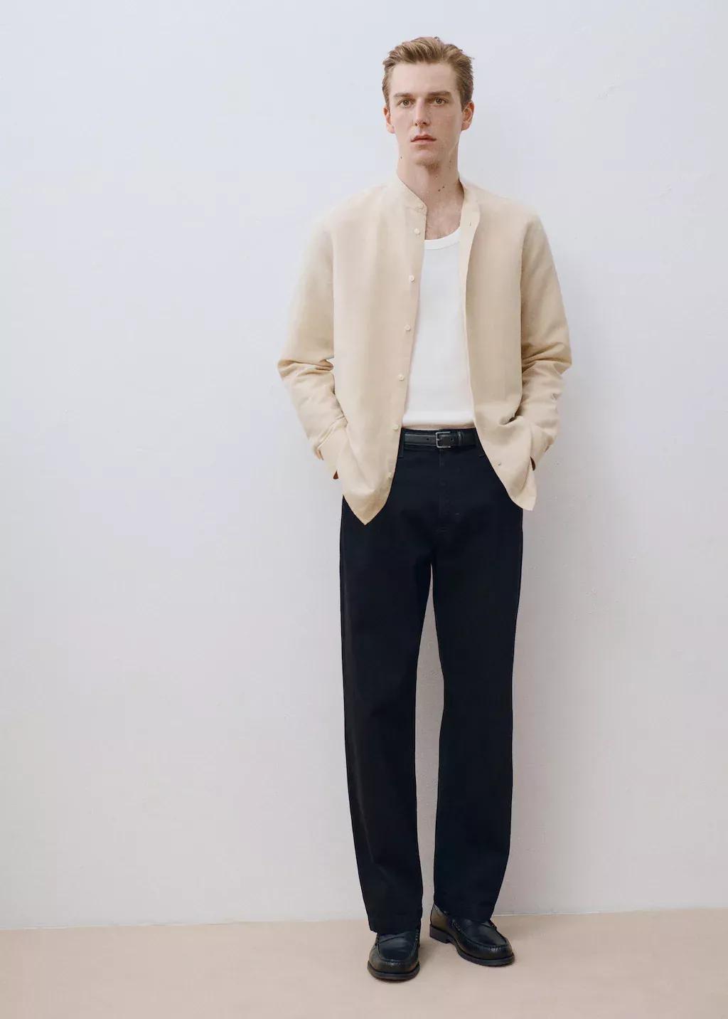 Brown Mao Collar Linen Shirt, Light Pastel Brown, large image number 9