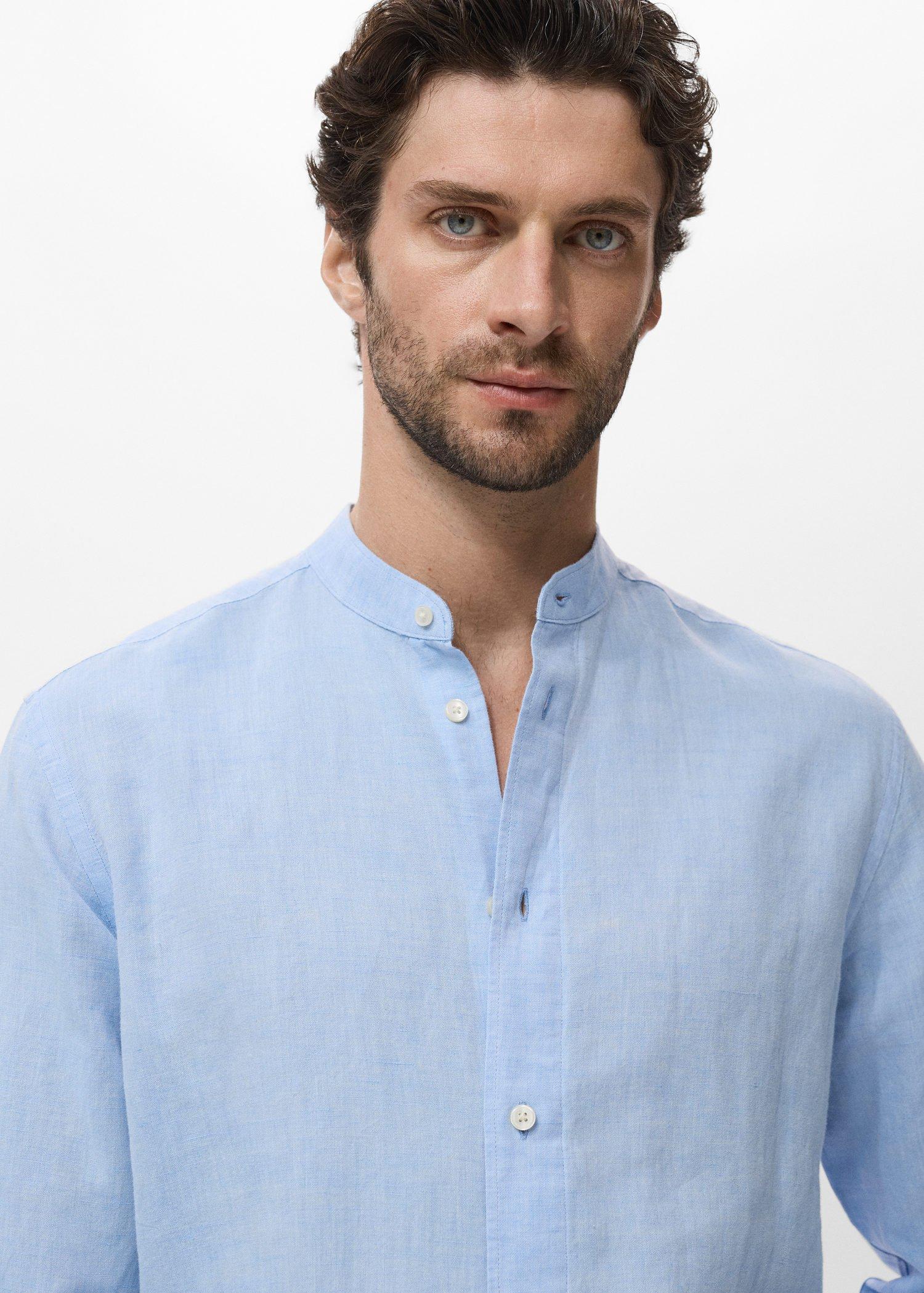 Blue Mao Collar Linen Shirt, , large image number 0