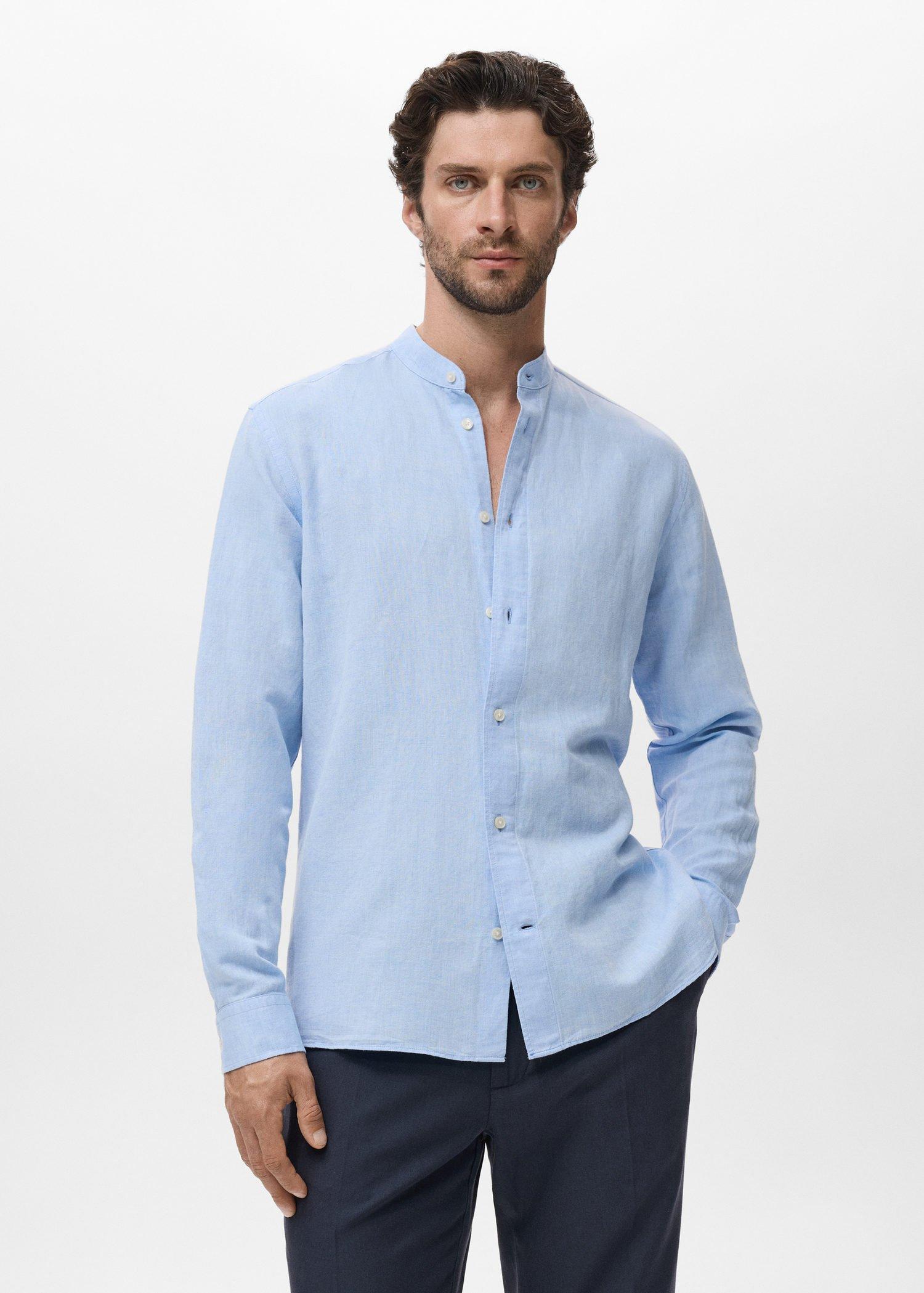 Blue Mao Collar Linen Shirt, , large image number 1