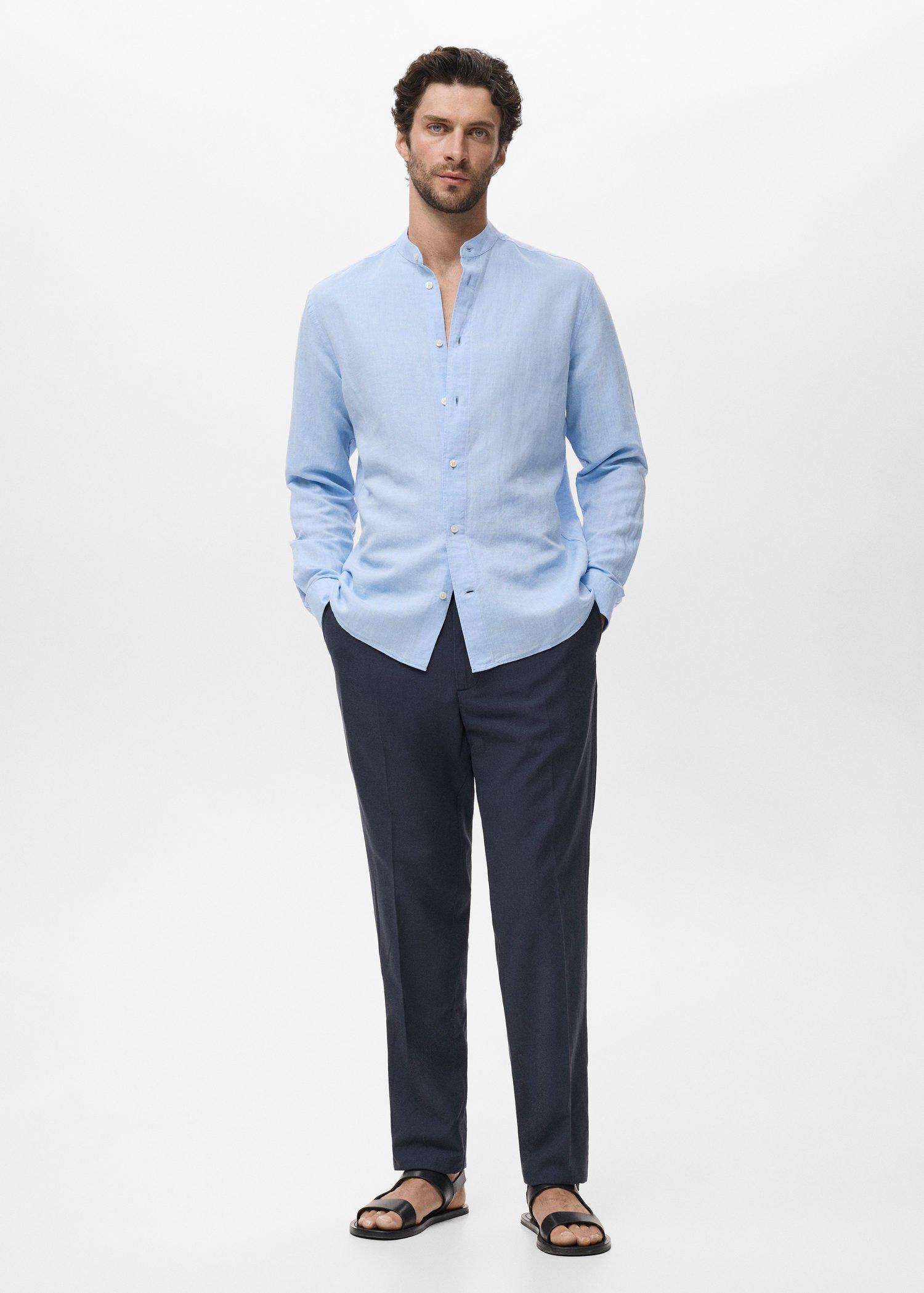 Blue Mao Collar Linen Shirt, , large image number 2