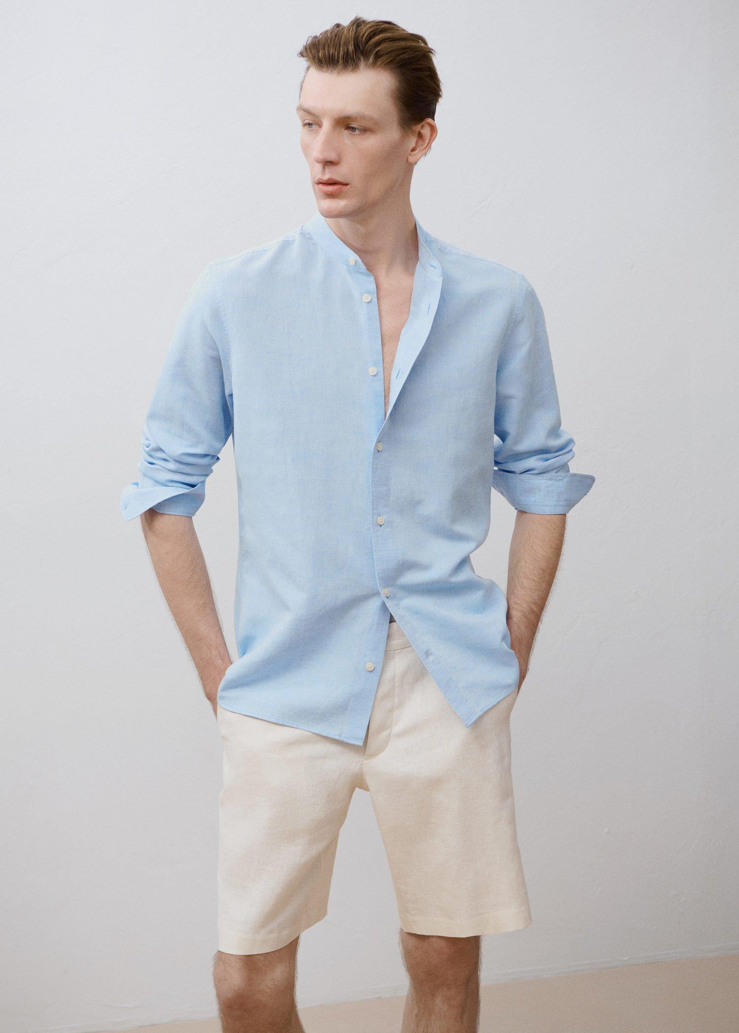 Blue Mao Collar Linen Shirt, , large image number 4