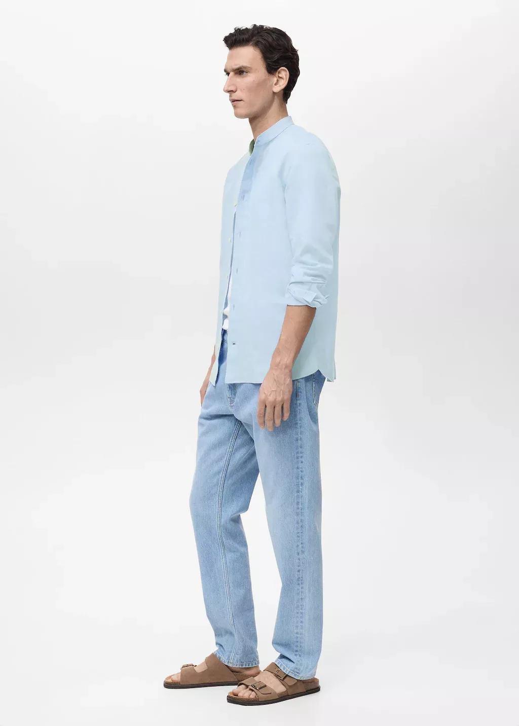 Blue Mao Collar Linen Shirt, Light-Pastel Blue, large image number 5