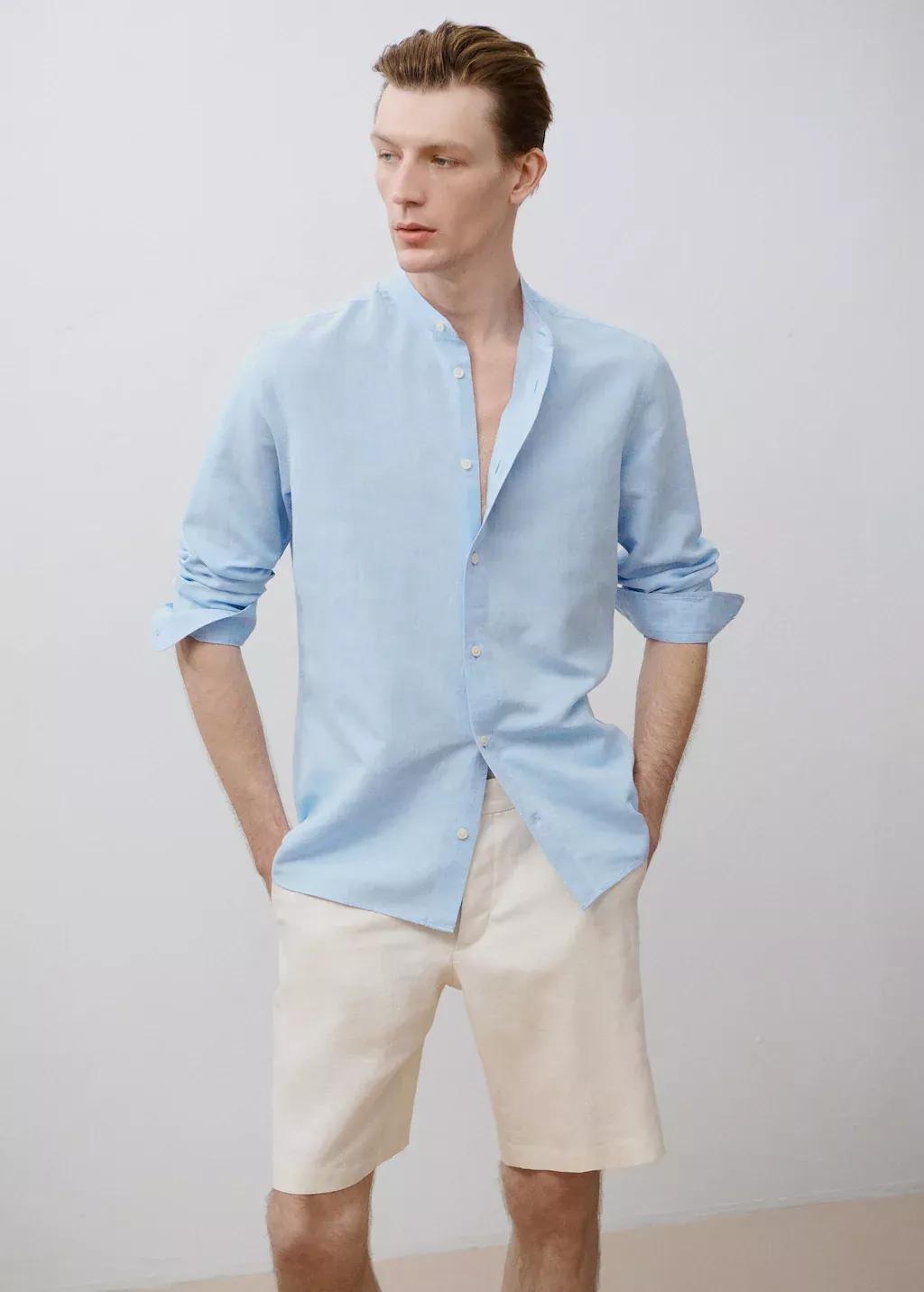 Blue Mao Collar Linen Shirt, Light-Pastel Blue, large image number 9