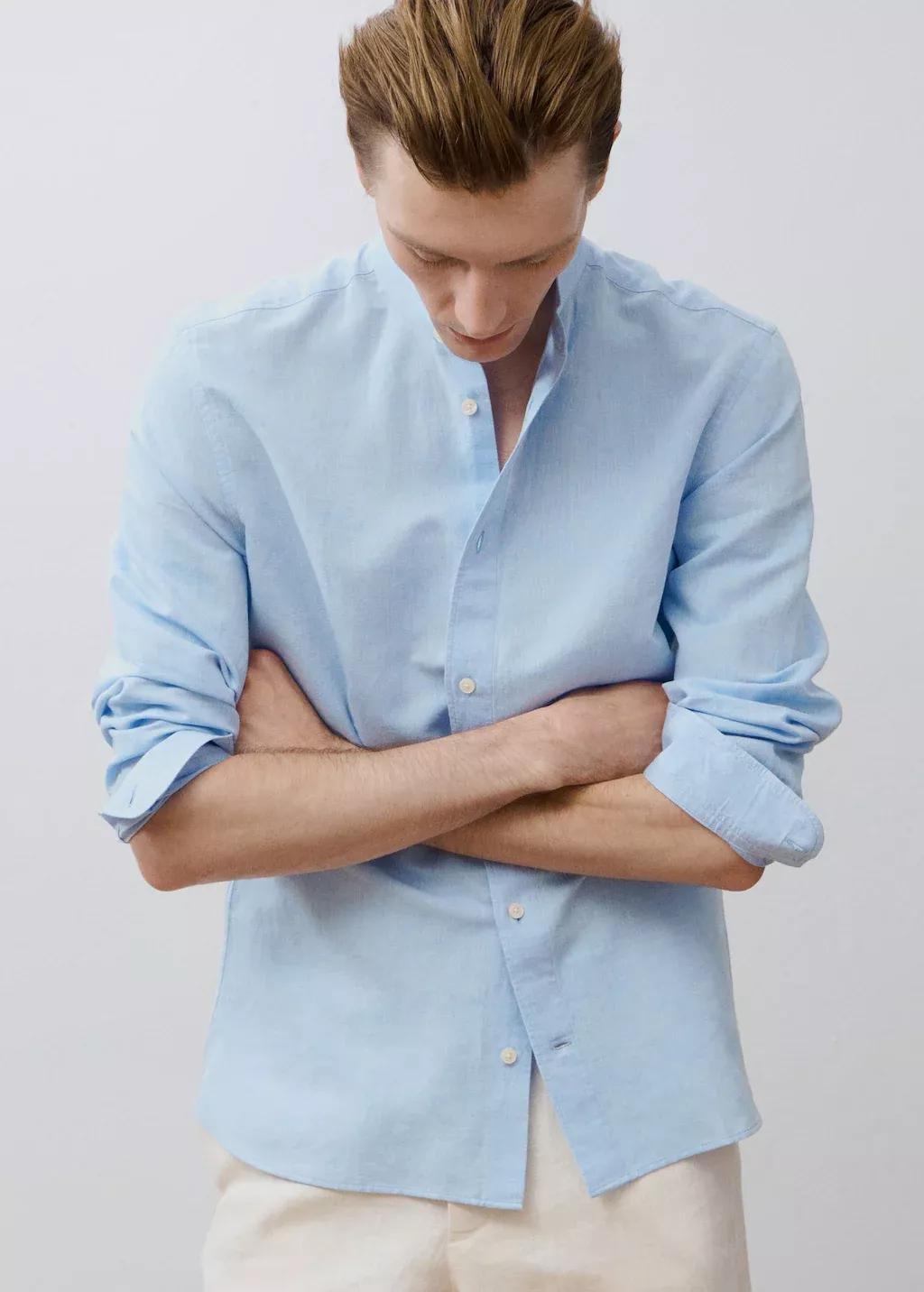Blue Mao Collar Linen Shirt, Light-Pastel Blue, large image number 10