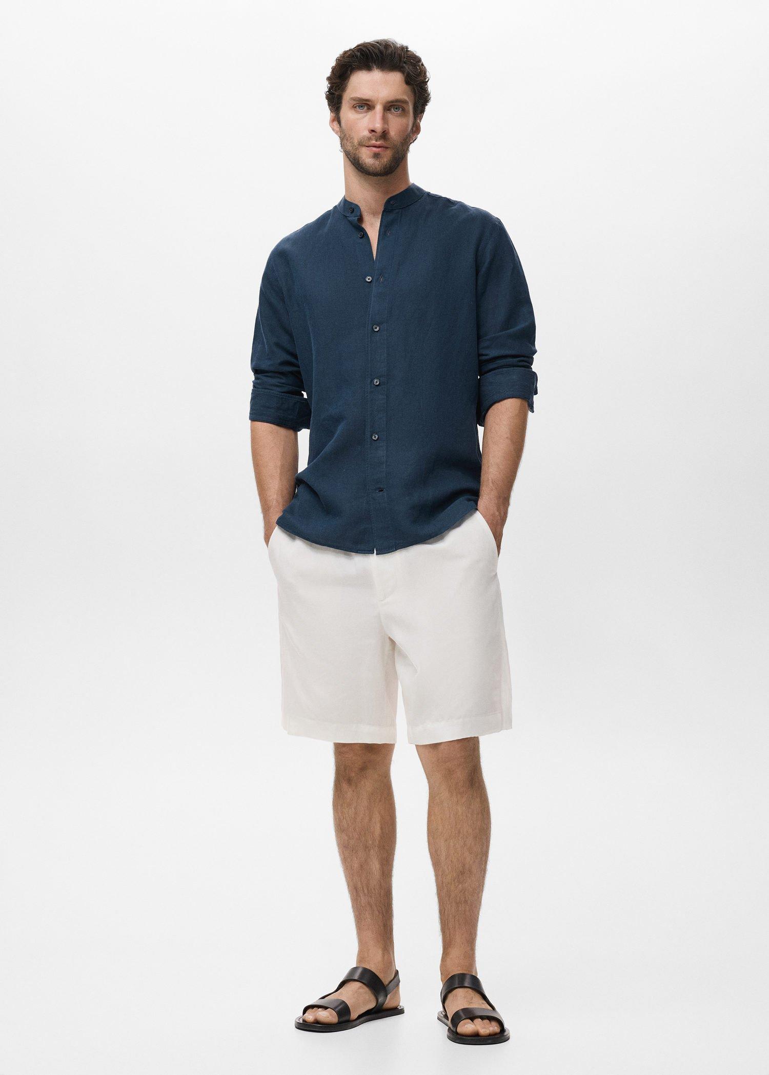 Navy Mao Collar Linen Shirt, , large image number 1