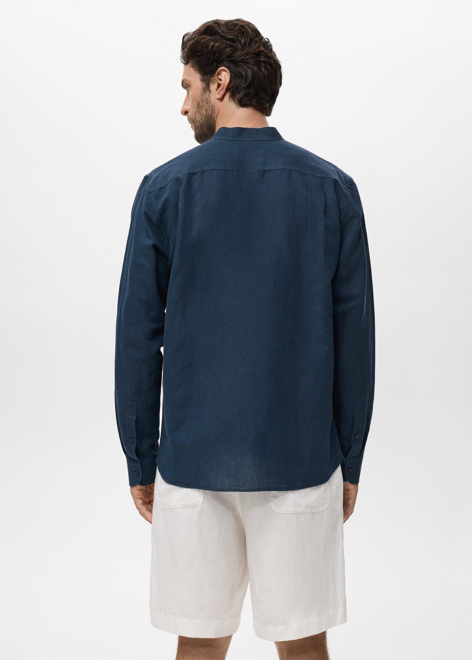 Navy Mao Collar Linen Shirt, , large image number 2