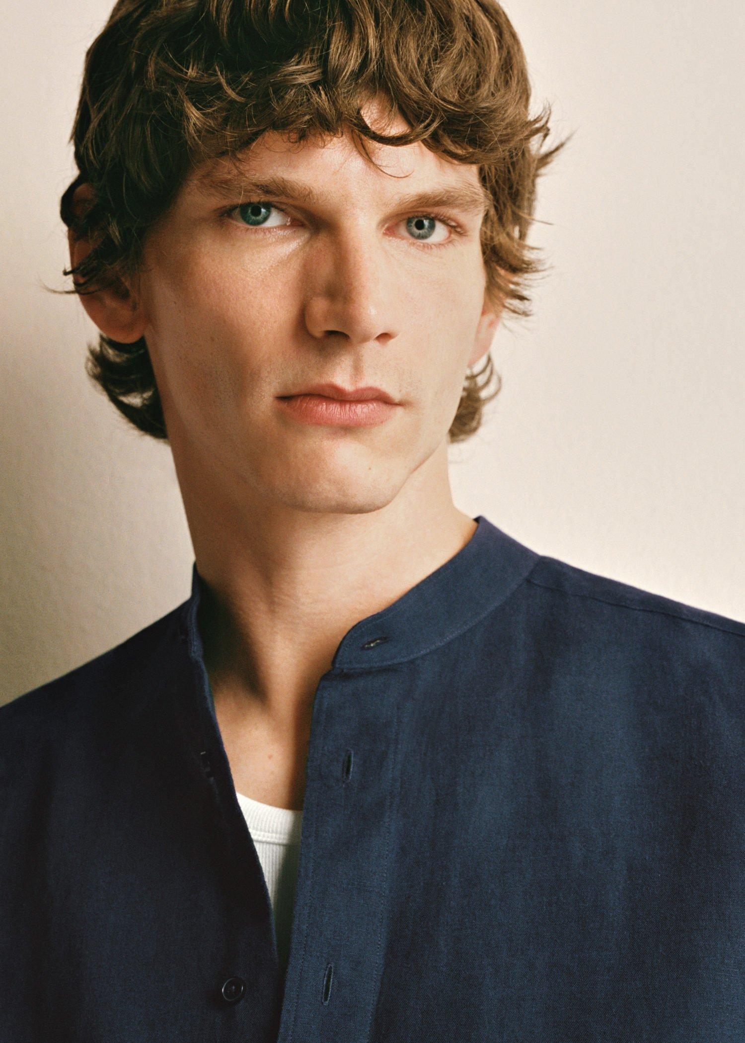 Navy Mao Collar Linen Shirt, Navy, large image number 6