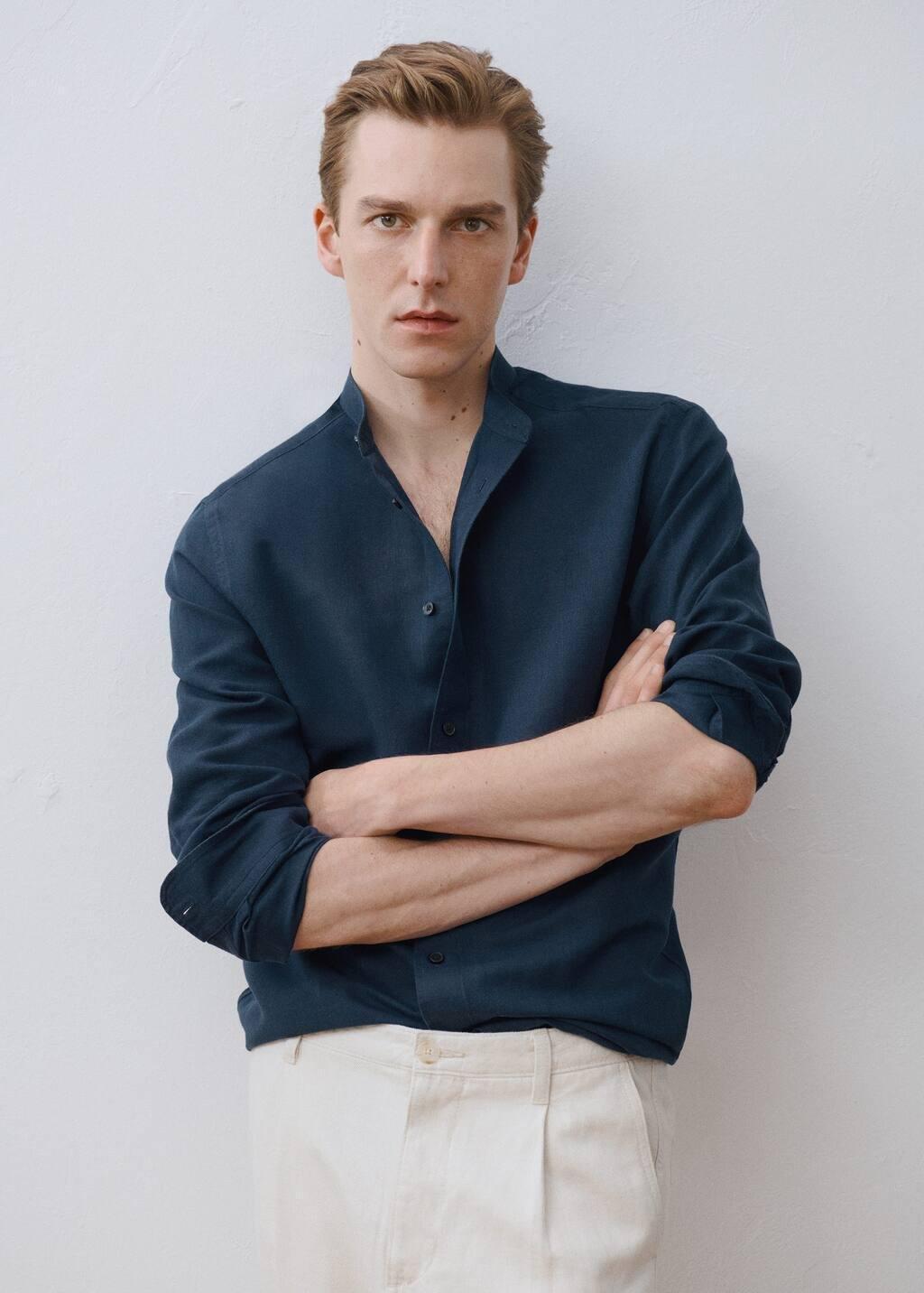 Navy Mao Collar Linen Shirt, Navy, large image number 9