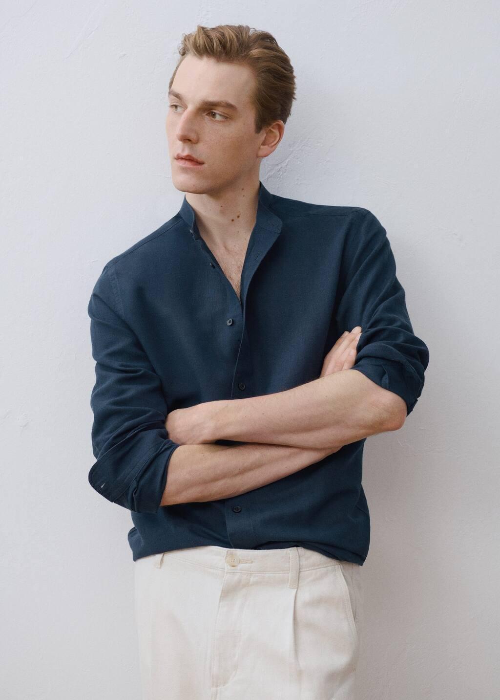 Navy Mao Collar Linen Shirt, Navy, large image number 11