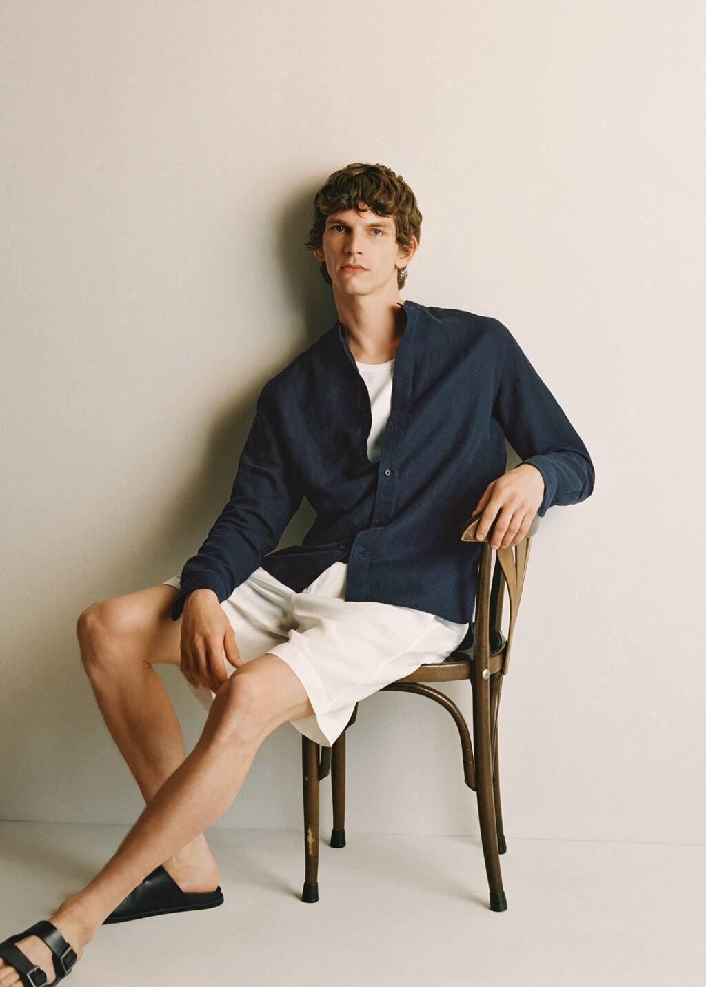 Navy Mao Collar Linen Shirt, Navy, large image number 13