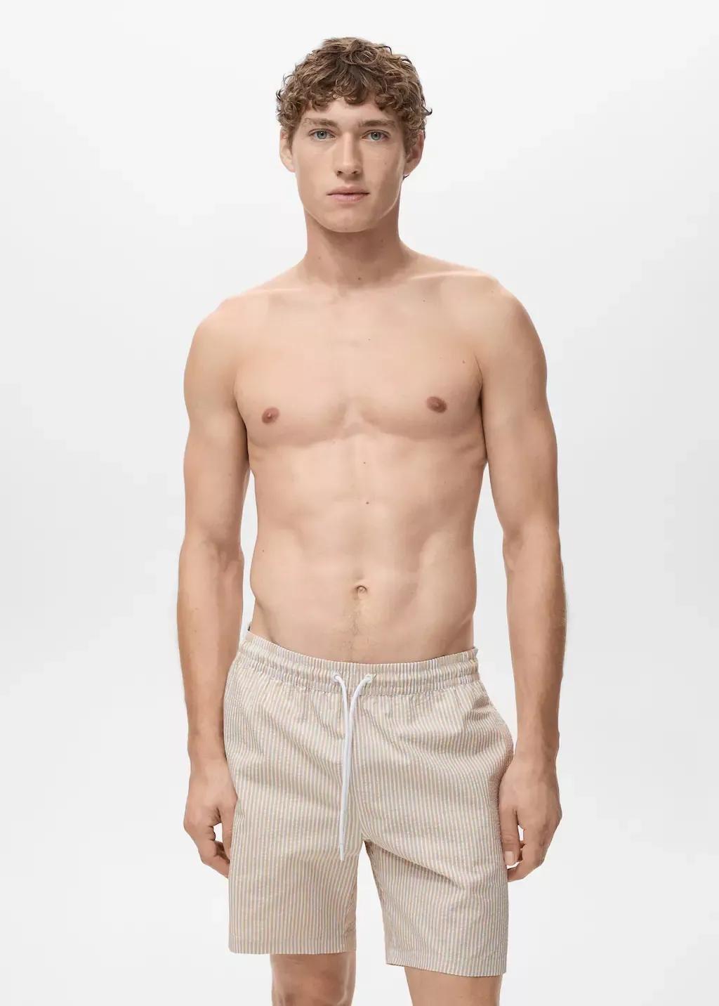 Beige Seersucker Swimming Trunks, , large image number 0