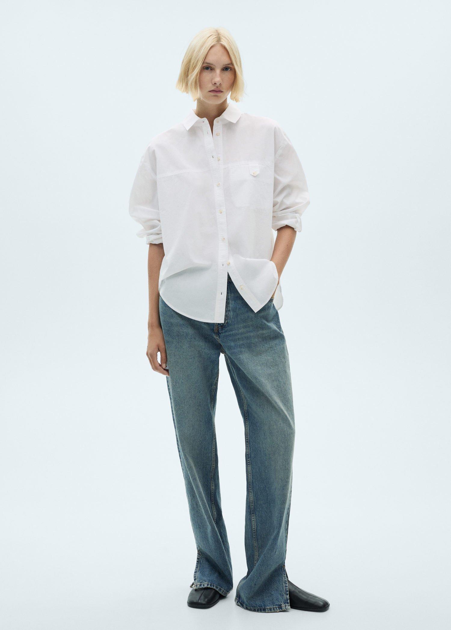 White Cotton Shirt With Decorative Button, Natural White, large image number 6