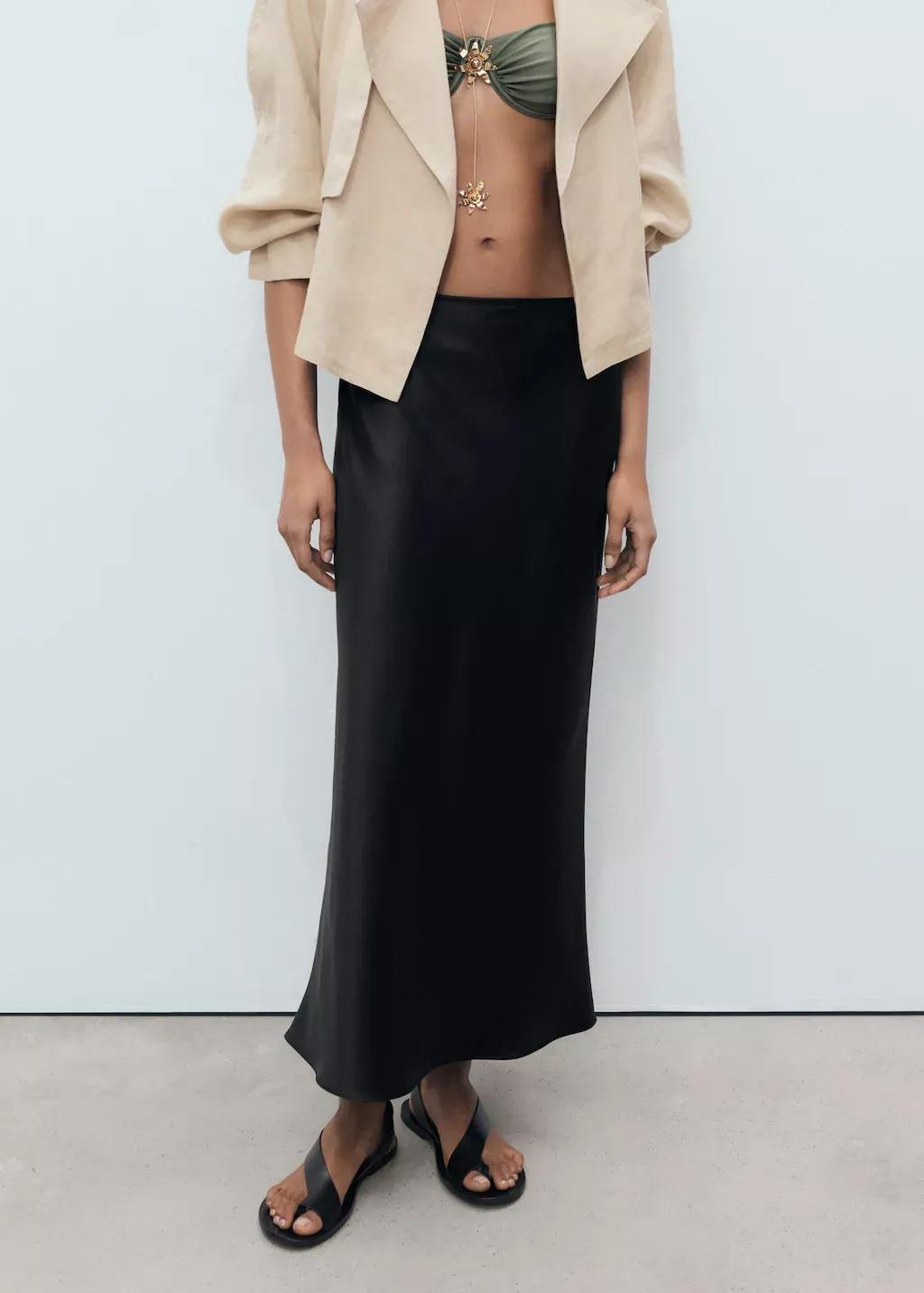 Black Satin Long Skirt, , large image number 0