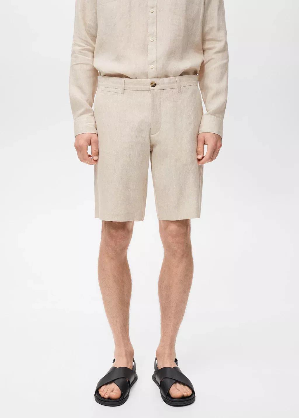 Beige Slim-Fit Linen Bermuda Shorts, Light Beige, large image number 0