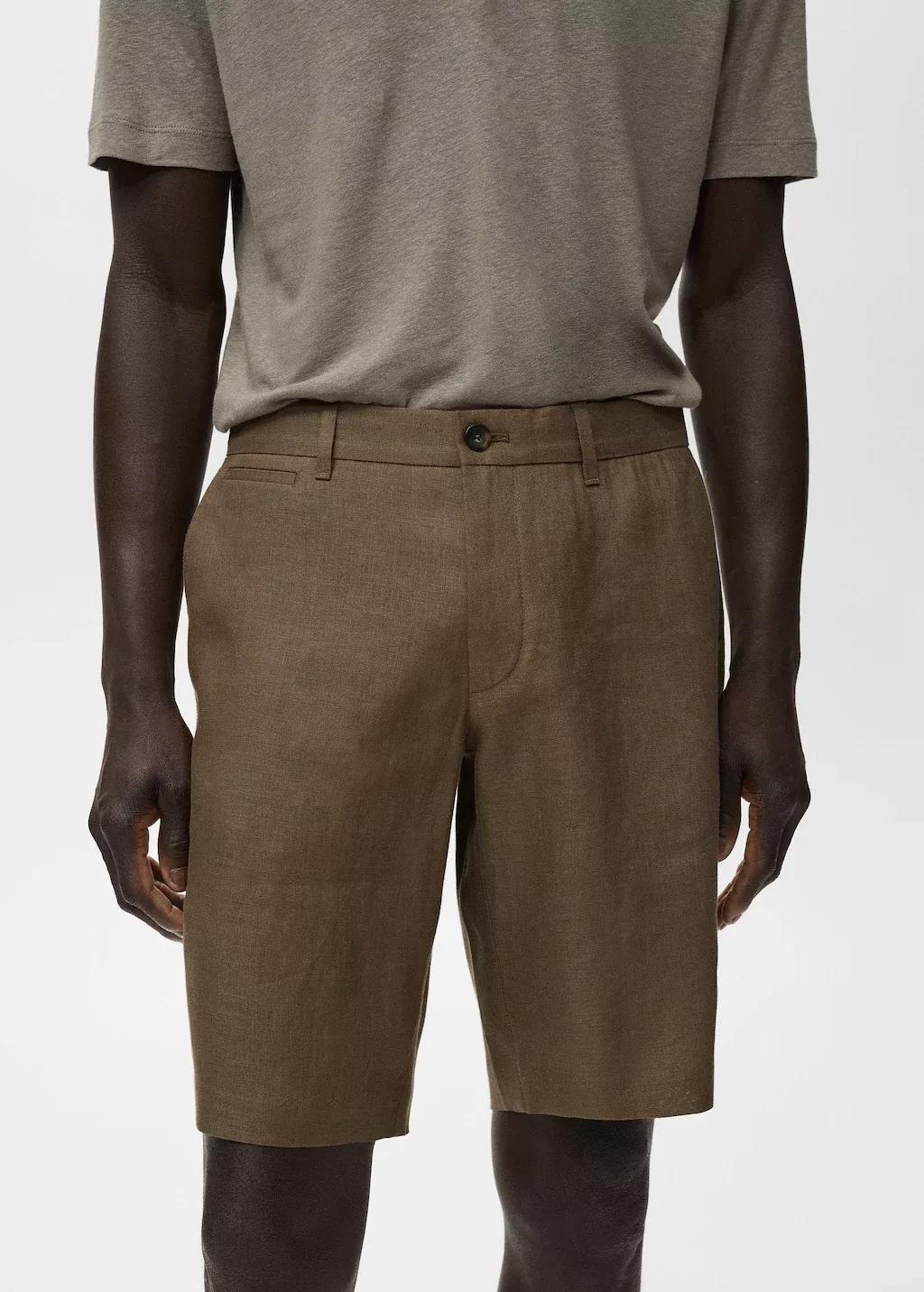 Brown Slim-Fit Linen Bermuda Shorts, , large image number 1