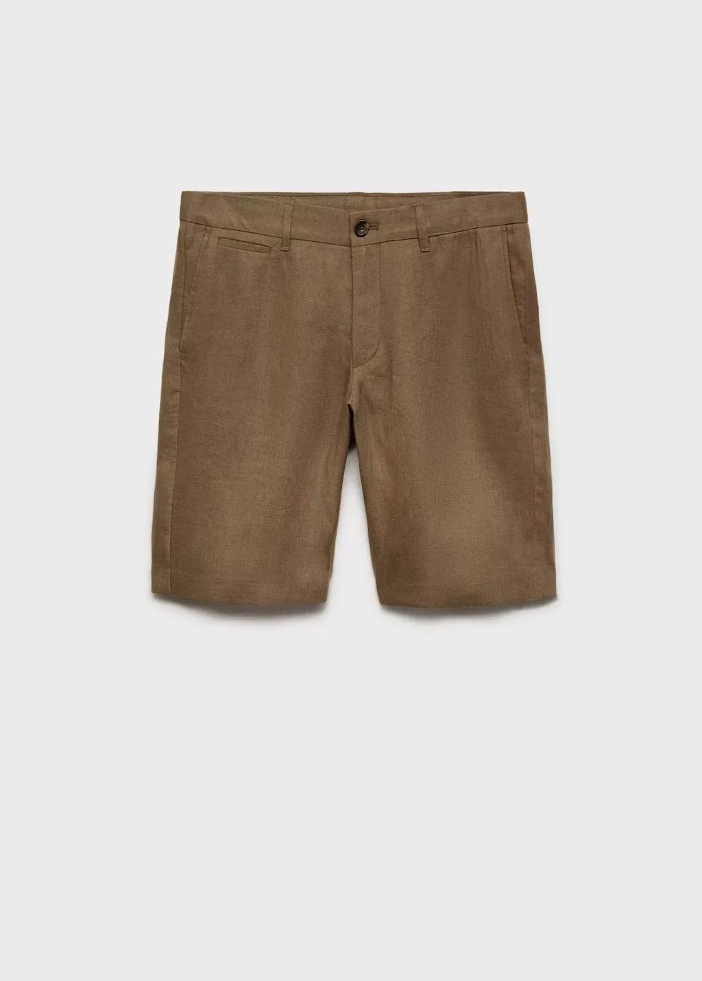 Brown Slim-Fit Linen Bermuda Shorts, , large image number 3