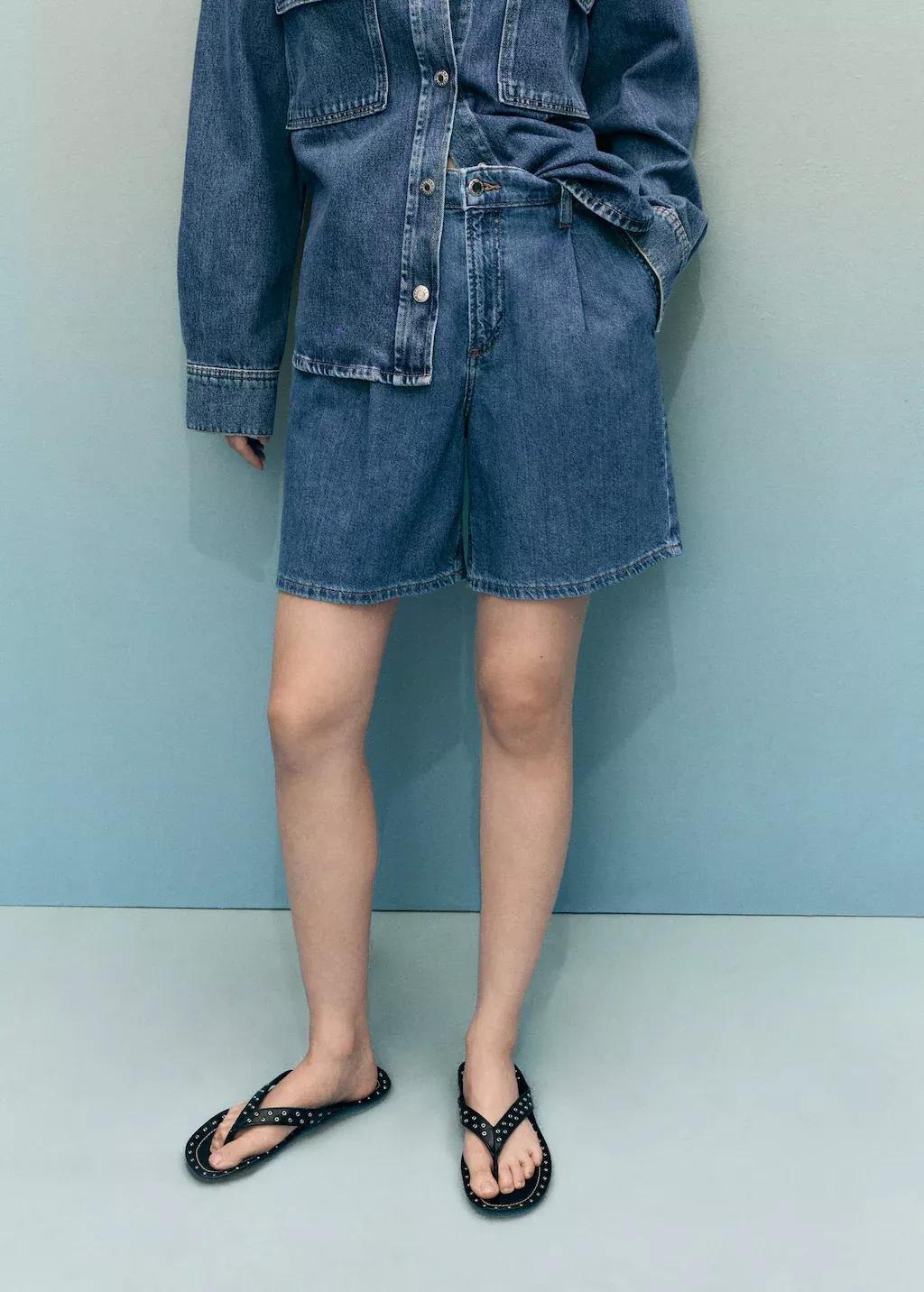 OPEN BLUE Mid-rise denim bermuda shorts with pleats, , large image number 0