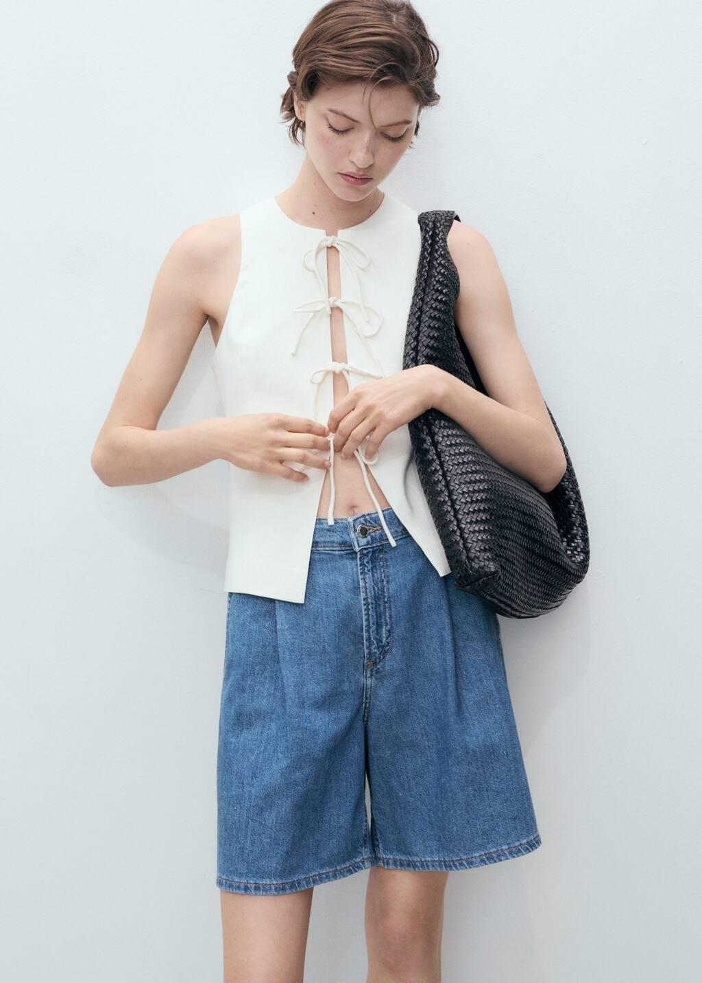 OPEN BLUE Mid-rise denim bermuda shorts with pleats, , large image number 2