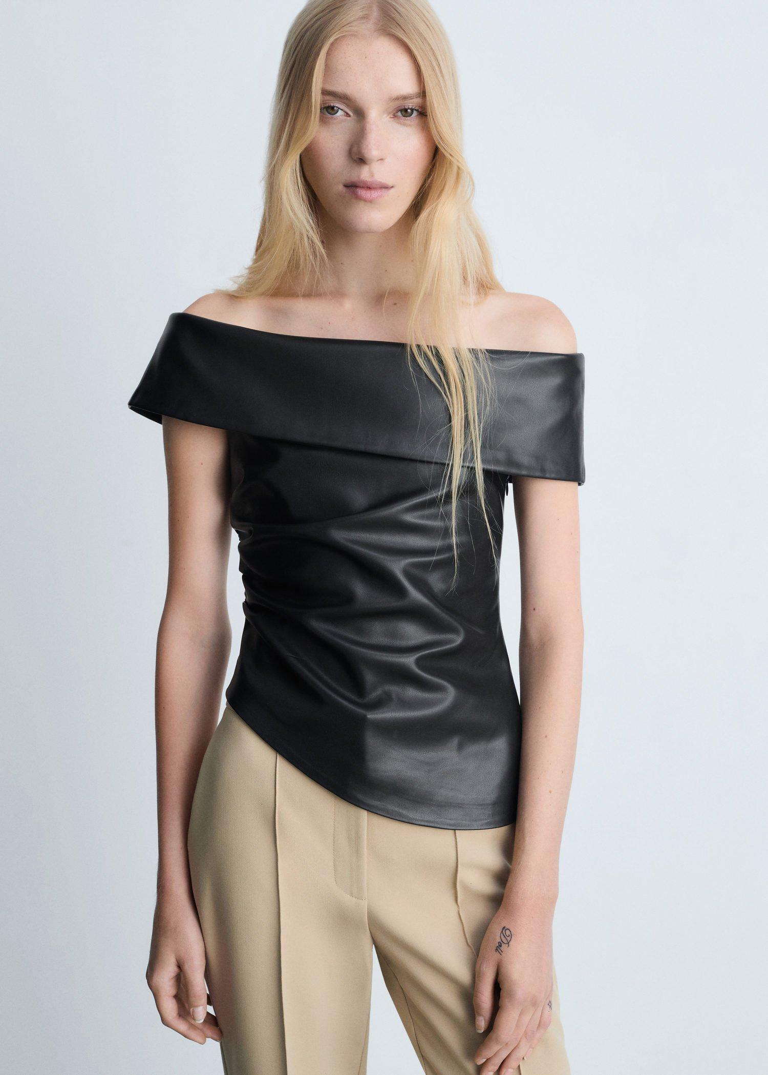 BLACK Leather-effect top with open shoulders, Black, large image number 0