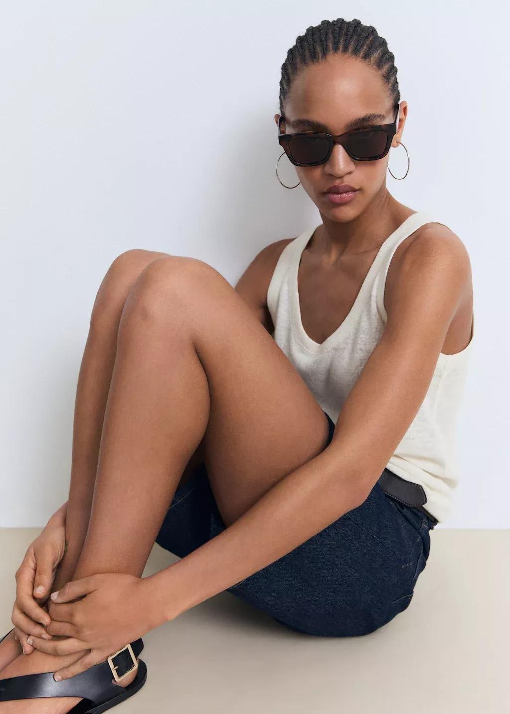 Cream Strap Linen Top, Light Beige, medium