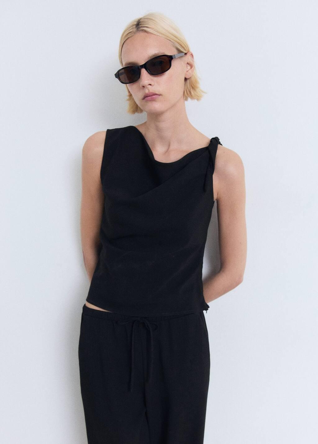 BLACK Asymmetrical draped top with straps, , large image number 2