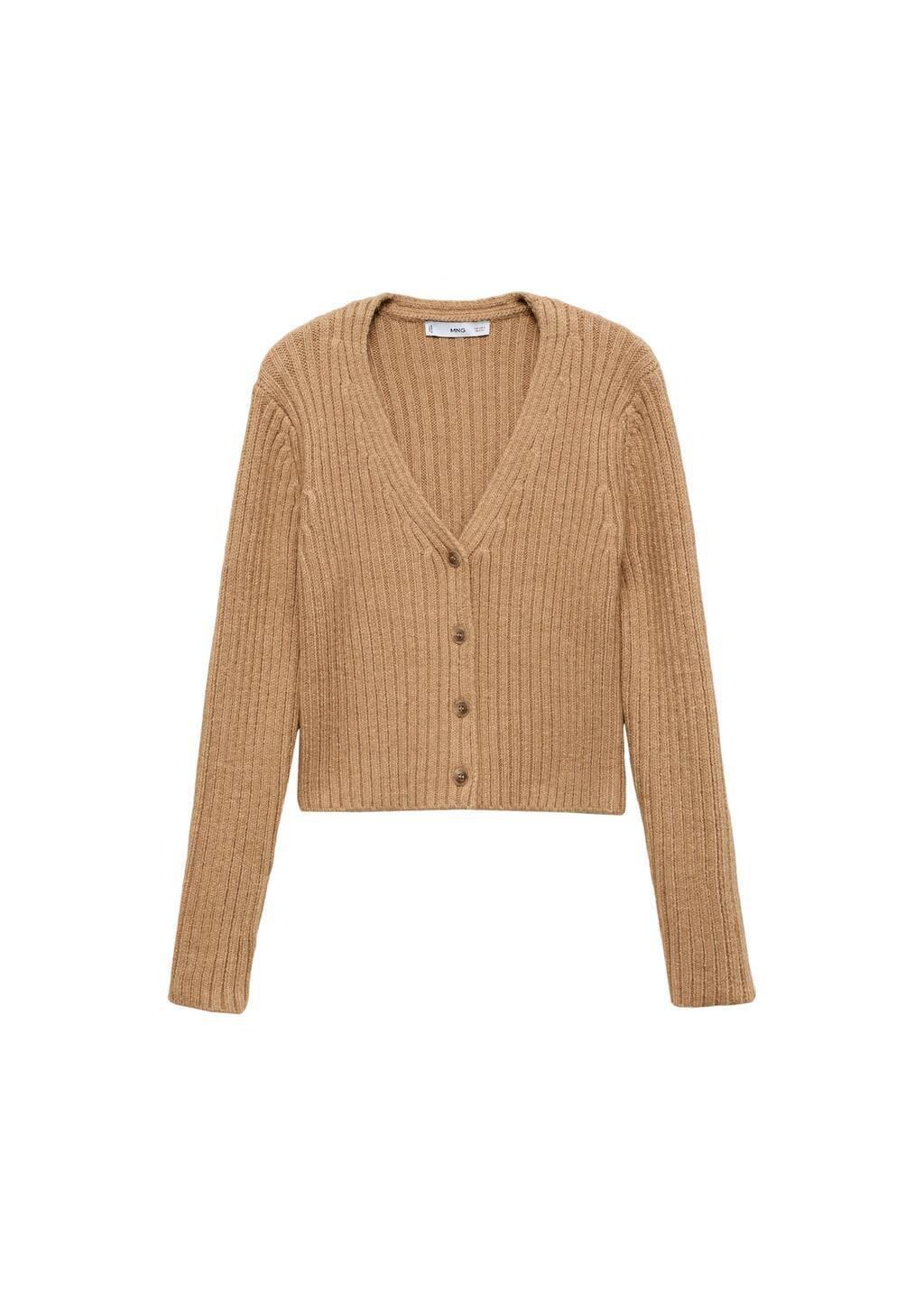 Brown V-Neck Ribbed Cardigan, Medium Brown, large image number 3