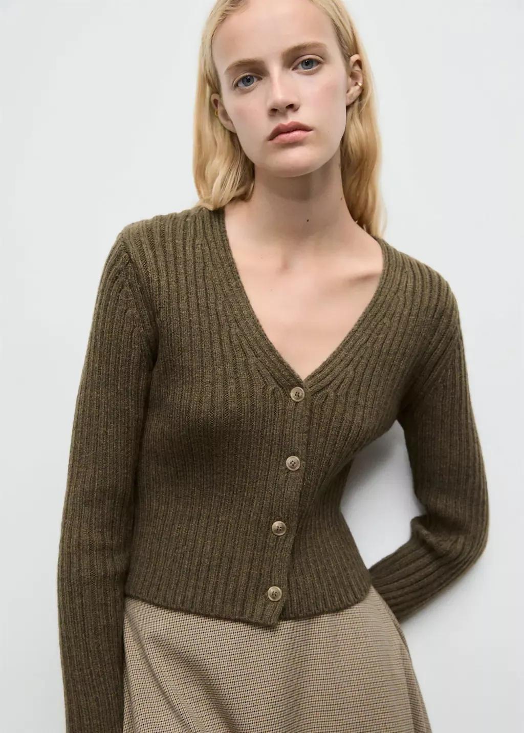 Khaki V-Neck Ribbed Cardigan, 0201_37, medium